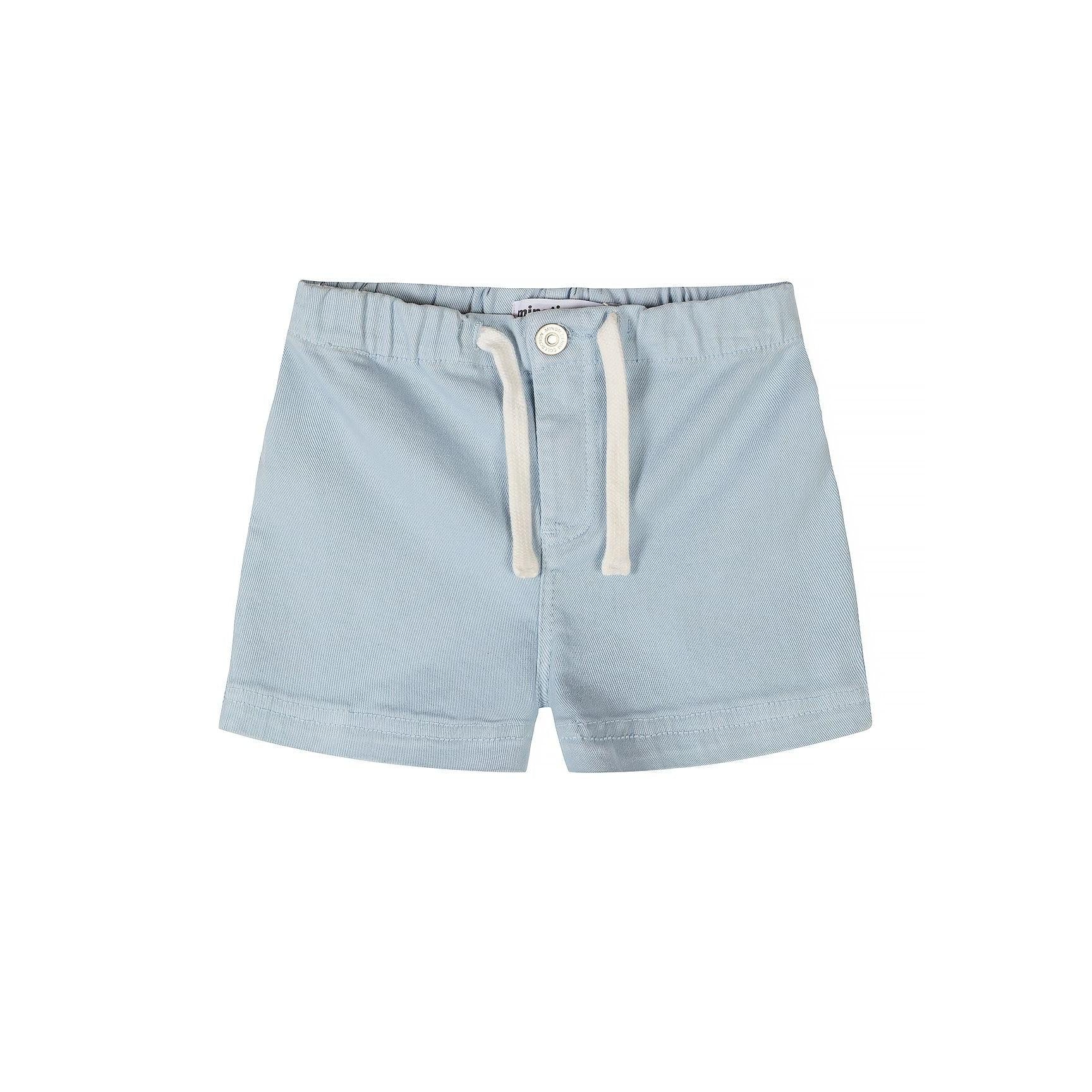 Close-up view of pink twill shorts showing Minoti brand label, white drawstring ties, and button fastening detail on white background