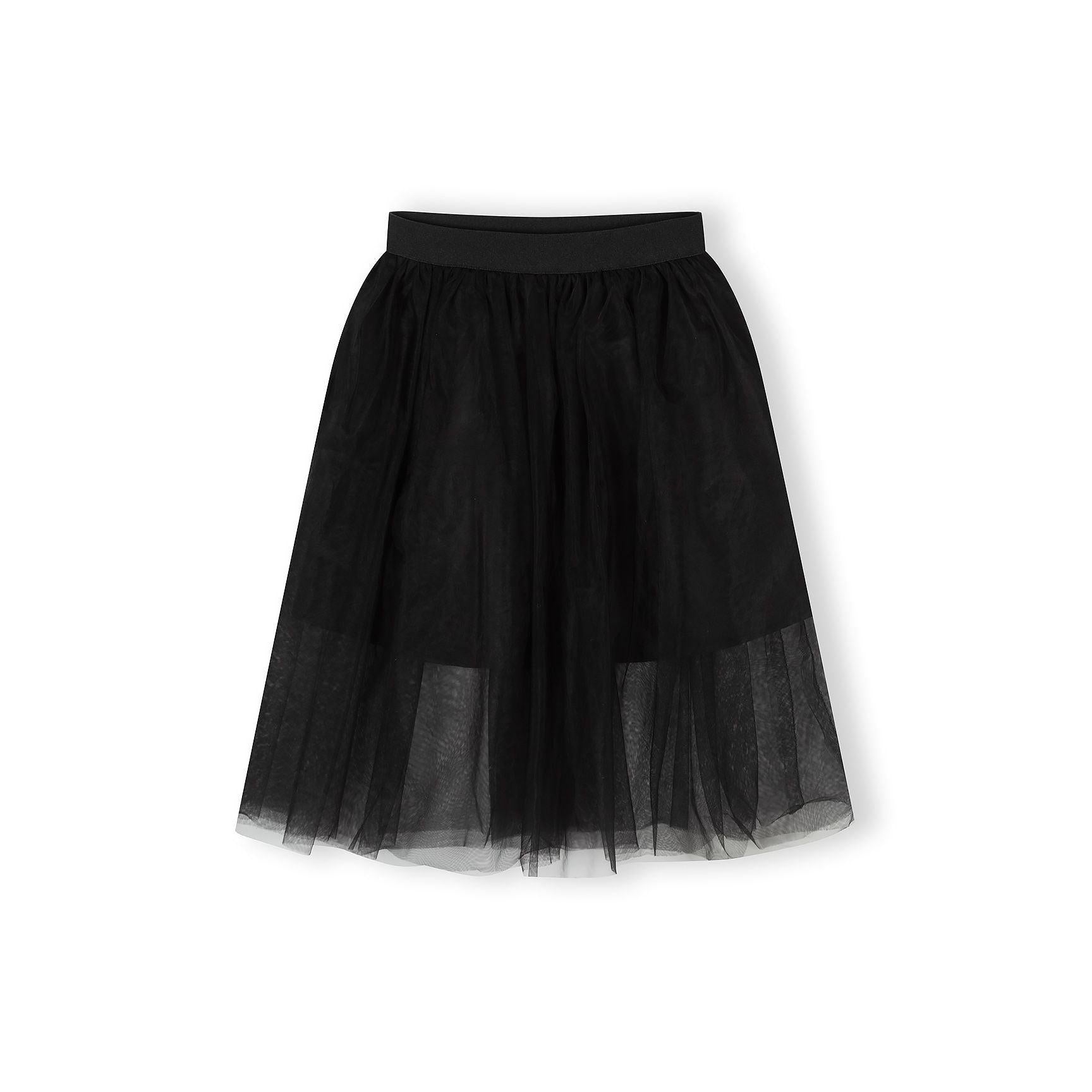 Flat lay of black pleated tulle maxi skirt showing full silhouette and layered construction on white background