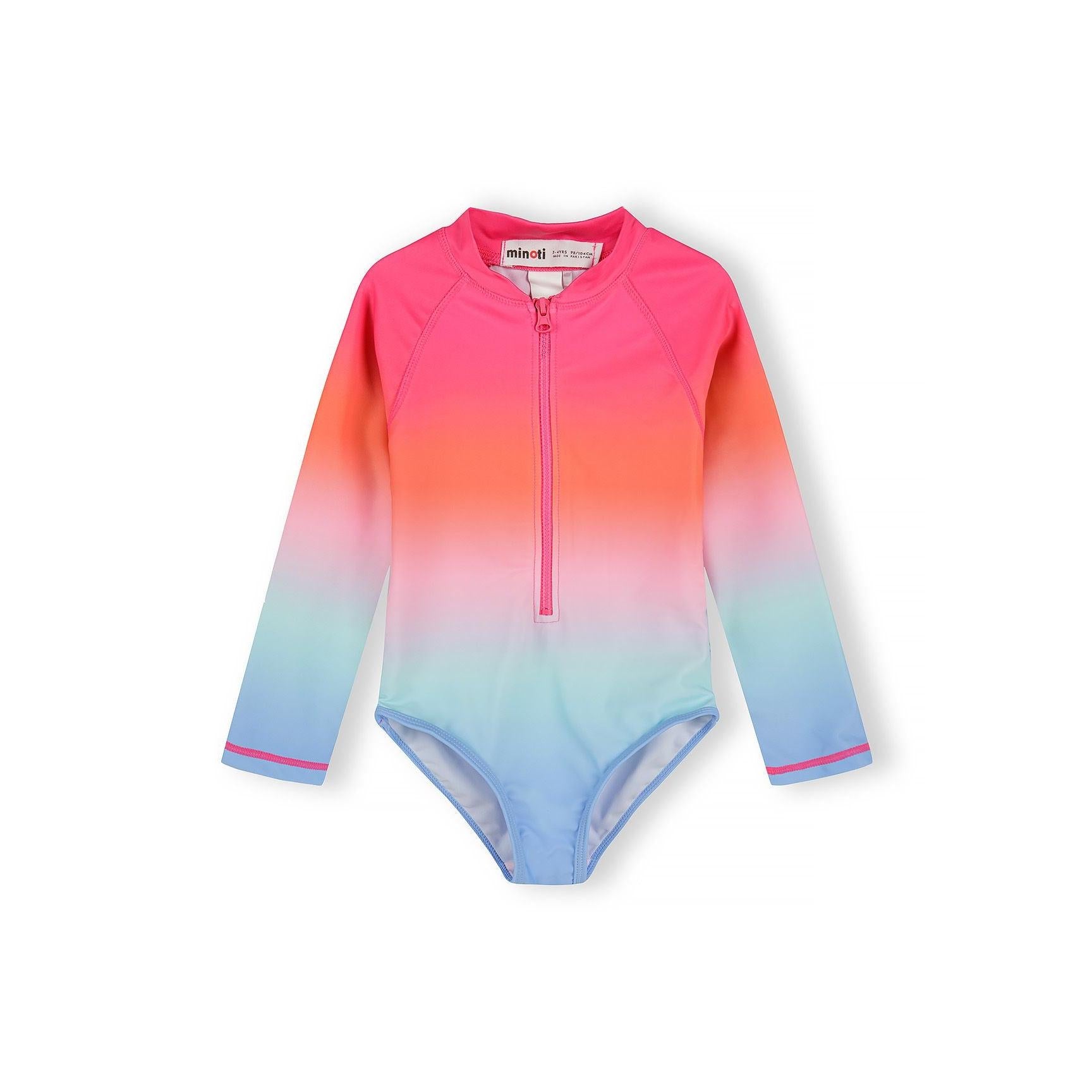 Long sleeve swimsuit with pink to blue ombre gradient and front zip, displayed flat against white background