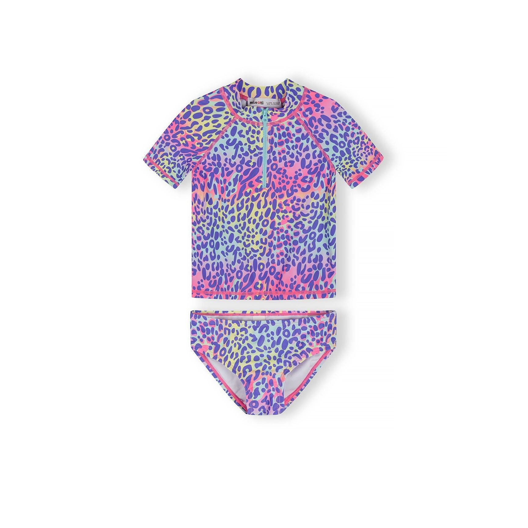 Purple leopard print rash vest set laid flat showing short sleeve top and matching swim briefs with vibrant multicoloured animal print pattern