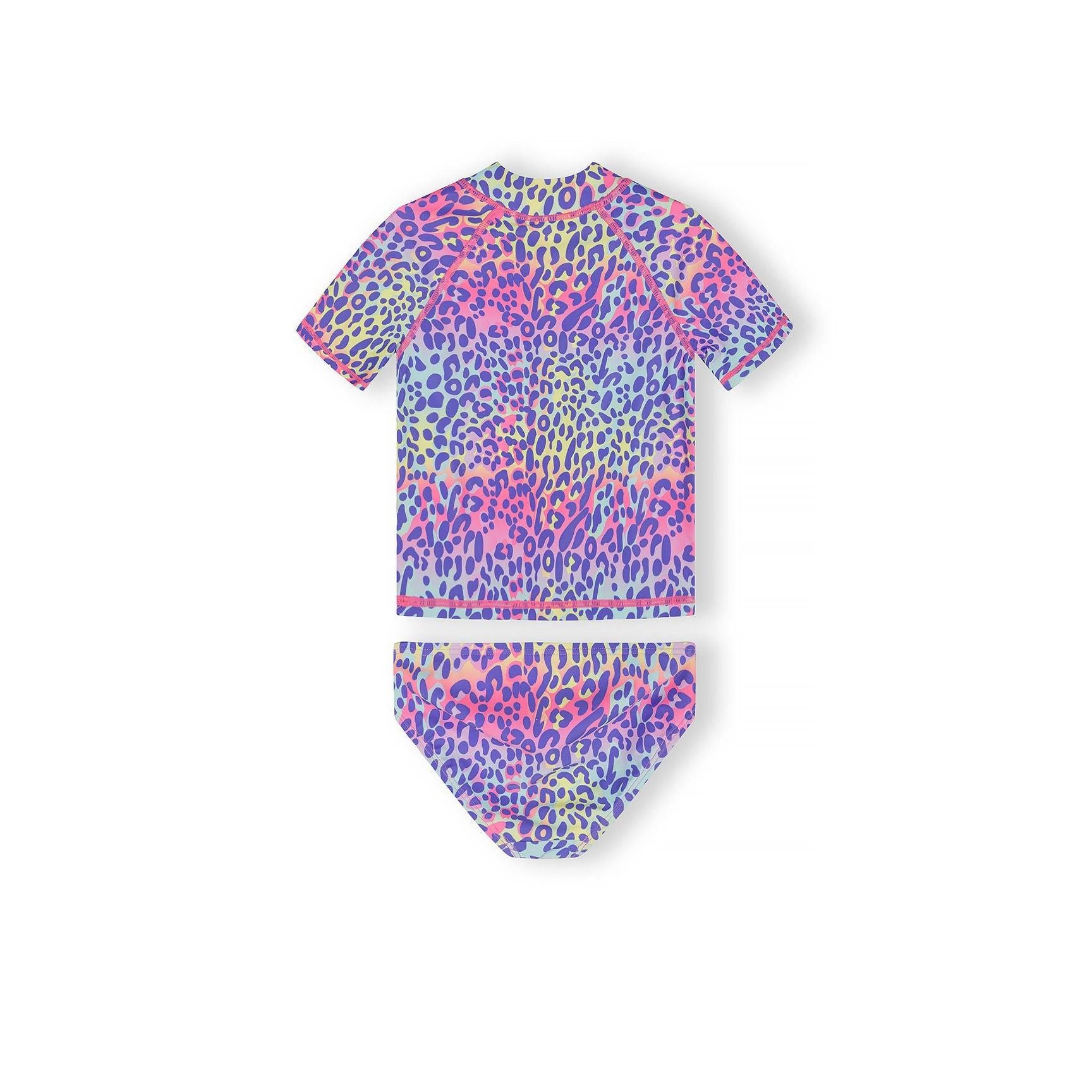 Close-up front view of purple leopard print swim briefs showing the vibrant multicoloured pattern and comfortable waistband design