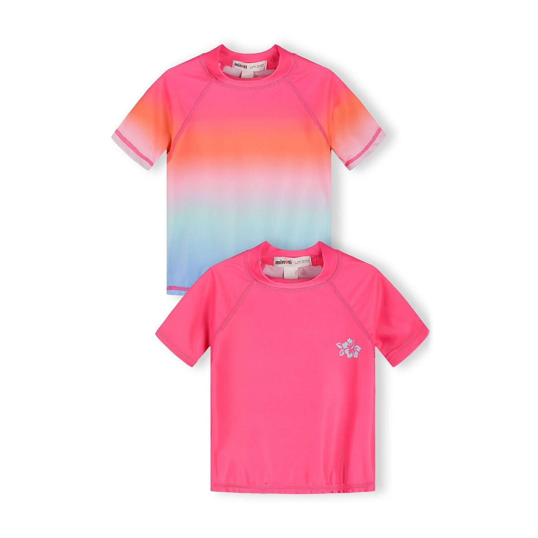 Back view of bright pink rash top showing 'Fun Beach Surfing' text with tropical flower design on white background