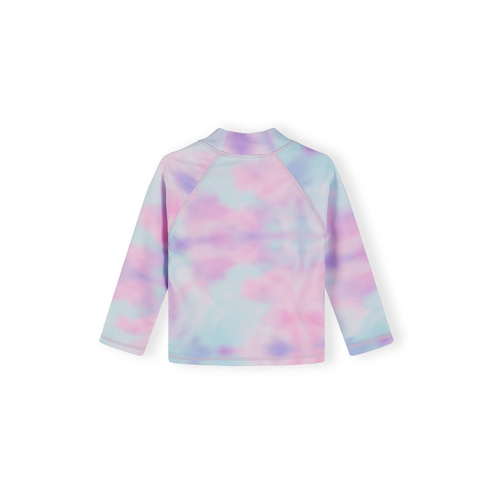 Back view of pastel tie-dye long sleeve swim t-shirt showing raglan sleeve construction and crew neck design on white background
