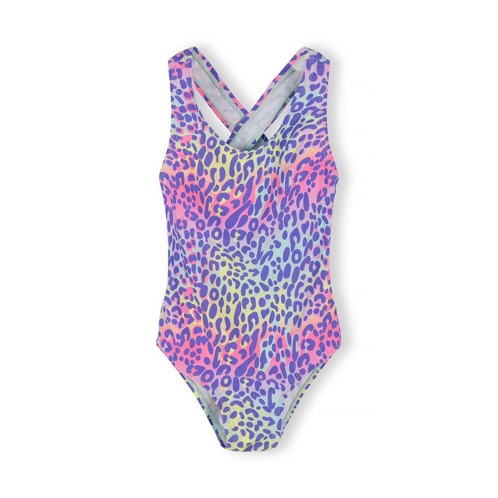 Multicolour leopard print swimsuit with crossover back straps shown from front view on white background, featuring gradient colours from coral pink to purple to mint green