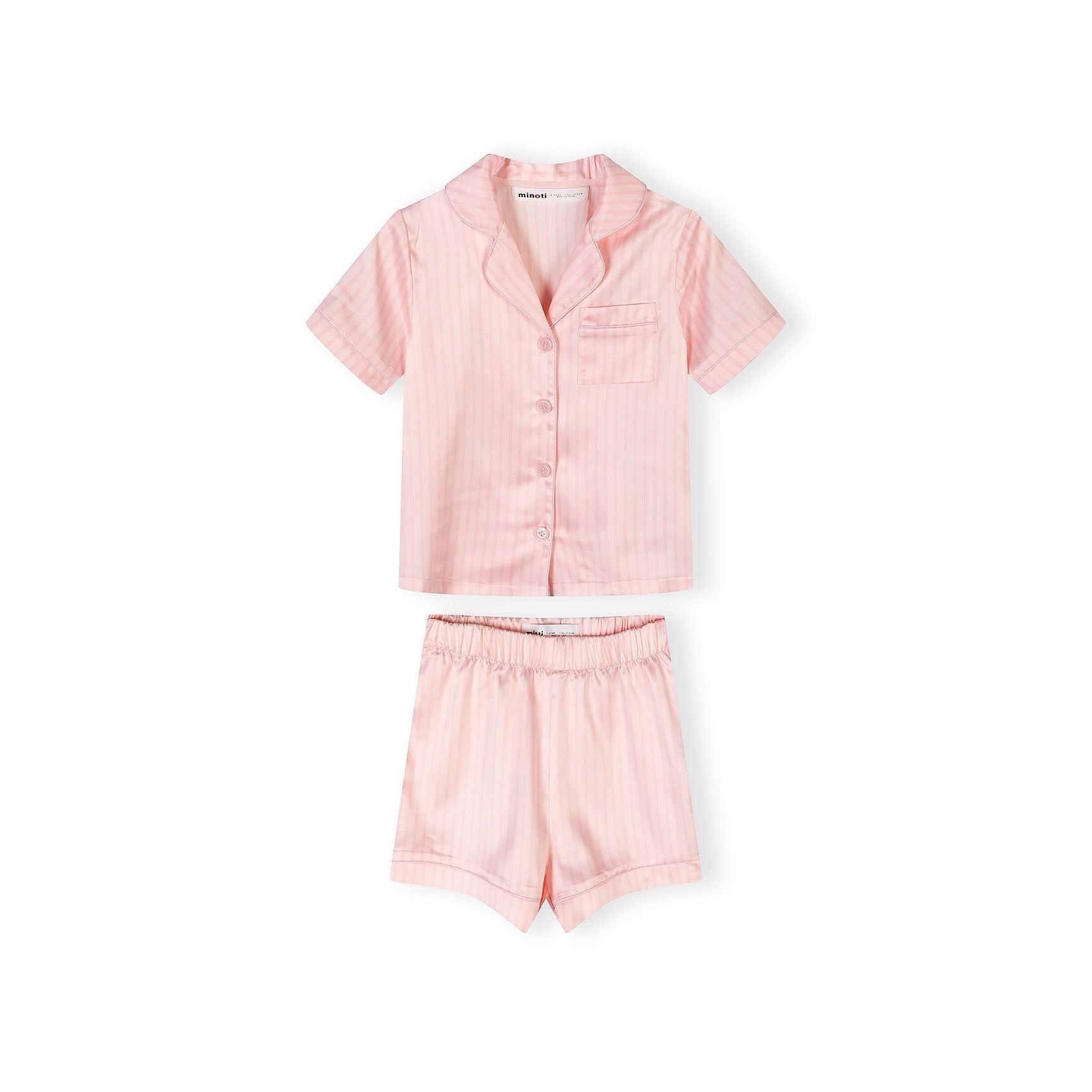 Back view of pink and white striped satin pyjama top showing short sleeves and collar detail on white background