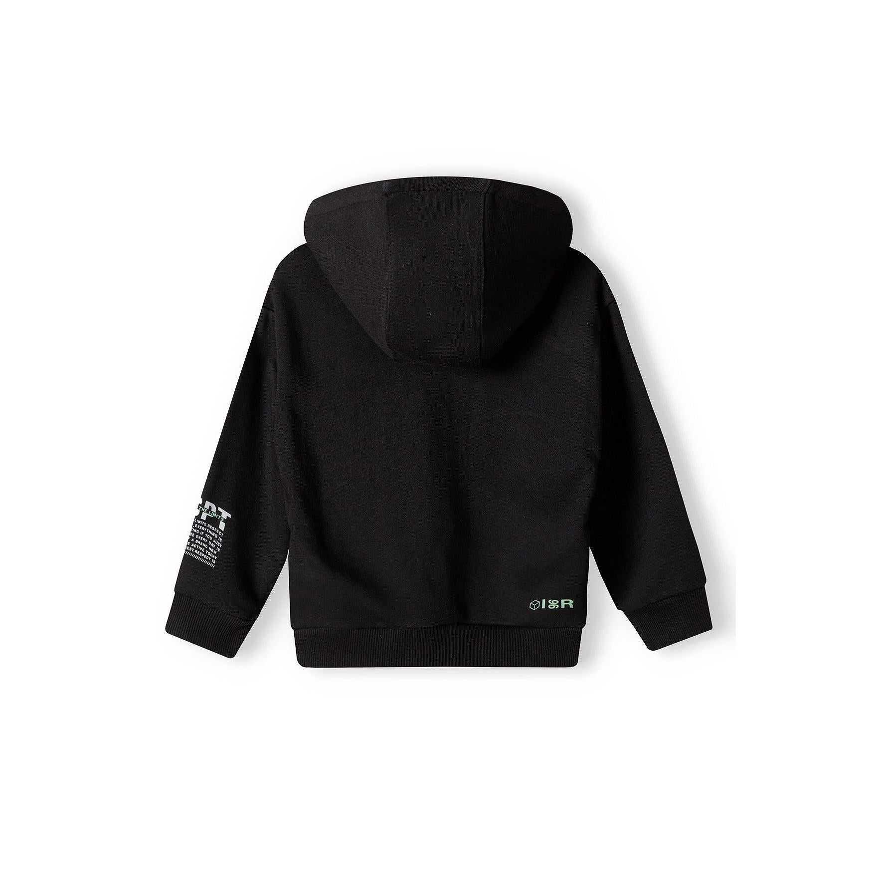 Back view of black fleece hoodie laid flat showing hood design and sleeve print details on white background