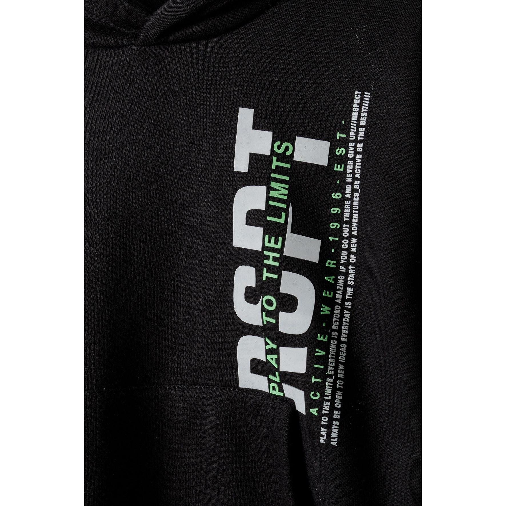 Close-up detail of black fleece fabric showing white and green 'FIGHT' branded text print with additional smaller text