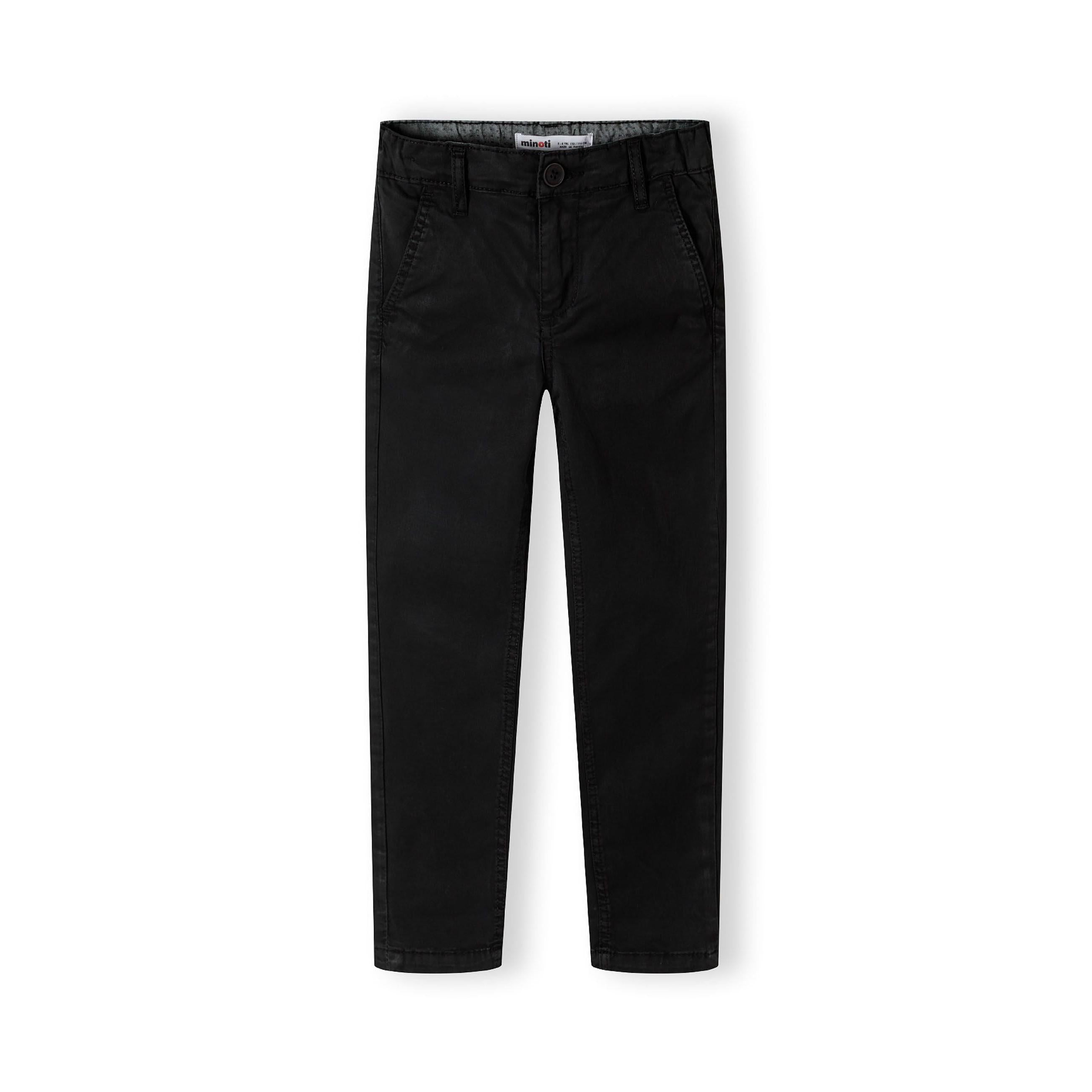 Black slim fit chino trousers for boys shown flat against white background, front view displaying classic tailored cut with belt loops and button closure