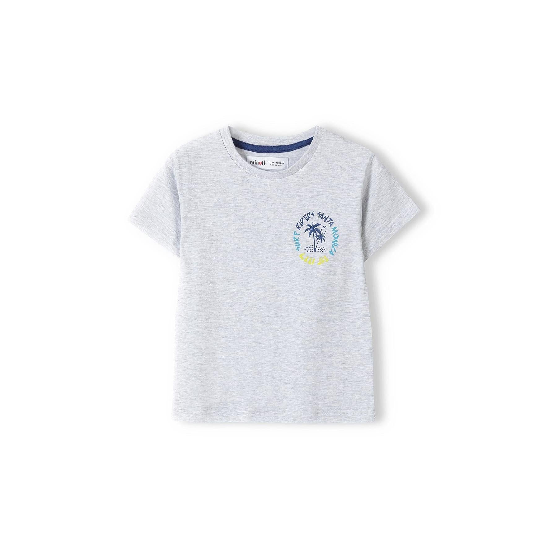 Single grey marl t-shirt displayed flat showing small circular palm tree logo print on chest area with navy and yellow accent colours