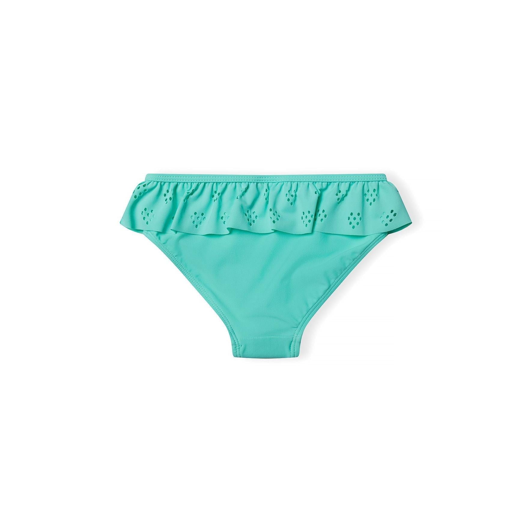 Mint green bikini bottom with eyelet ruffle trim detail shown from front view on white background