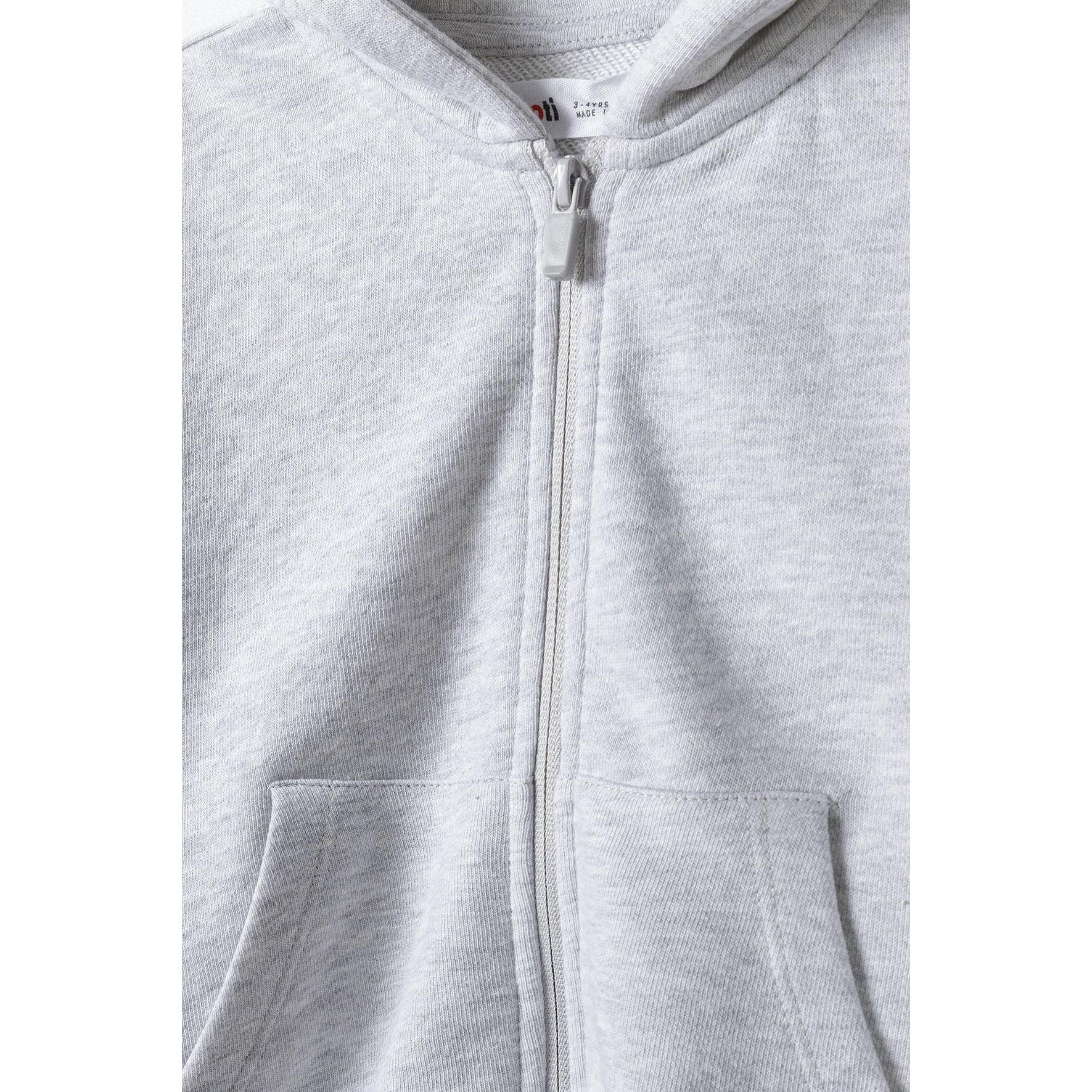 Close-up detail of grey hoodie showing zip closure, kangaroo pocket and soft fleece texture against white background