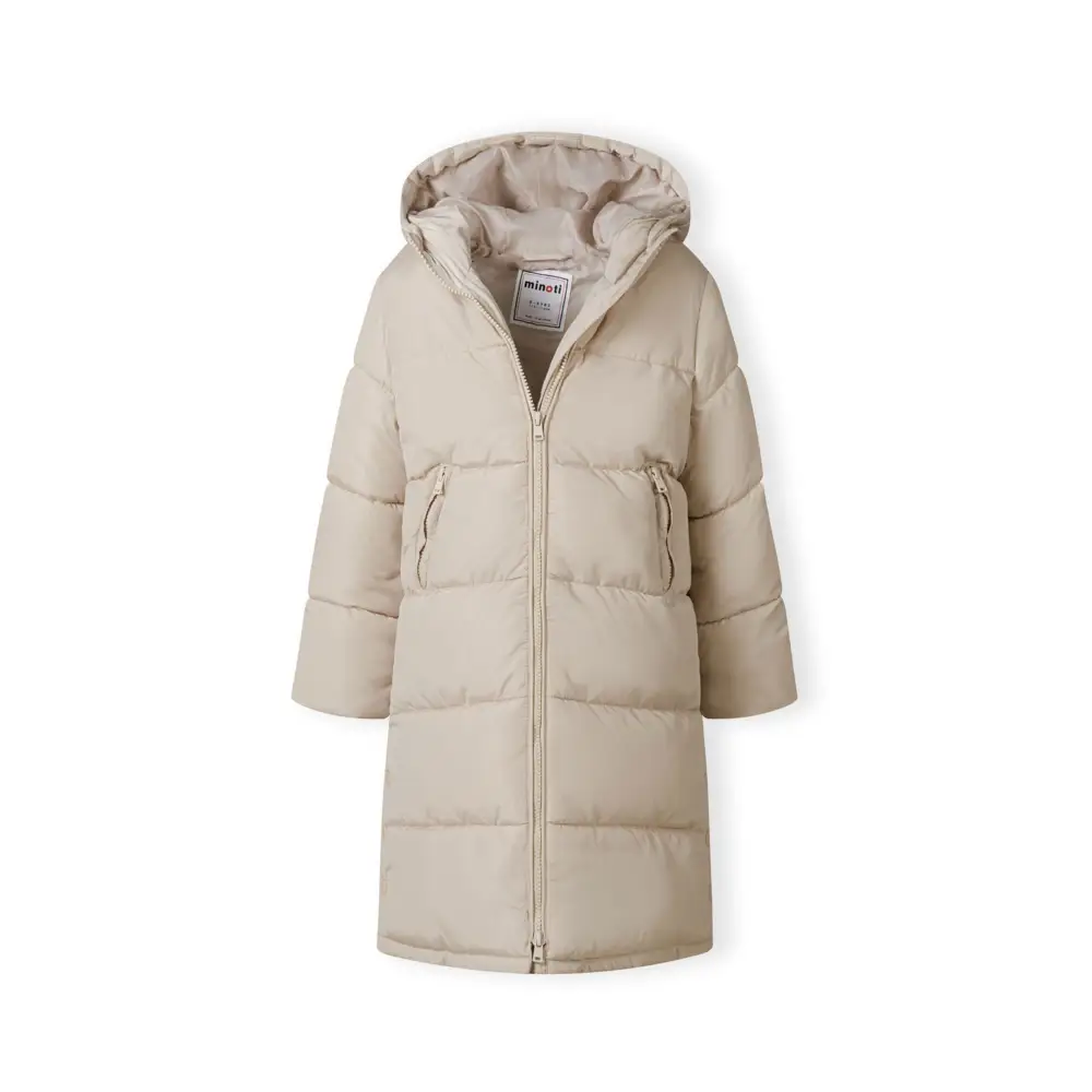 Beige quilted parka jacket displayed flat against white background, showing front view with hood, zip closure and side pockets