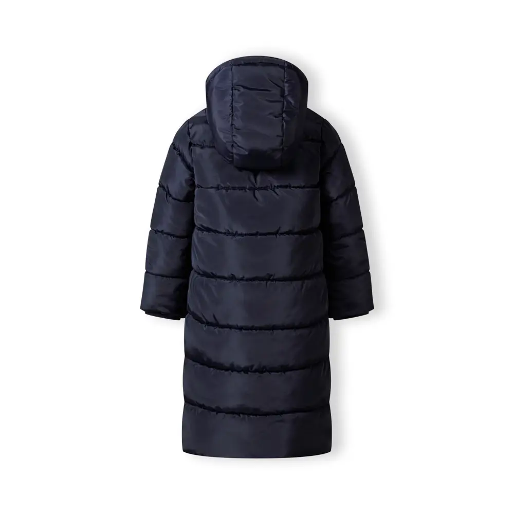 Back view of navy quilted parka showing horizontal quilting pattern and fixed hood against white background