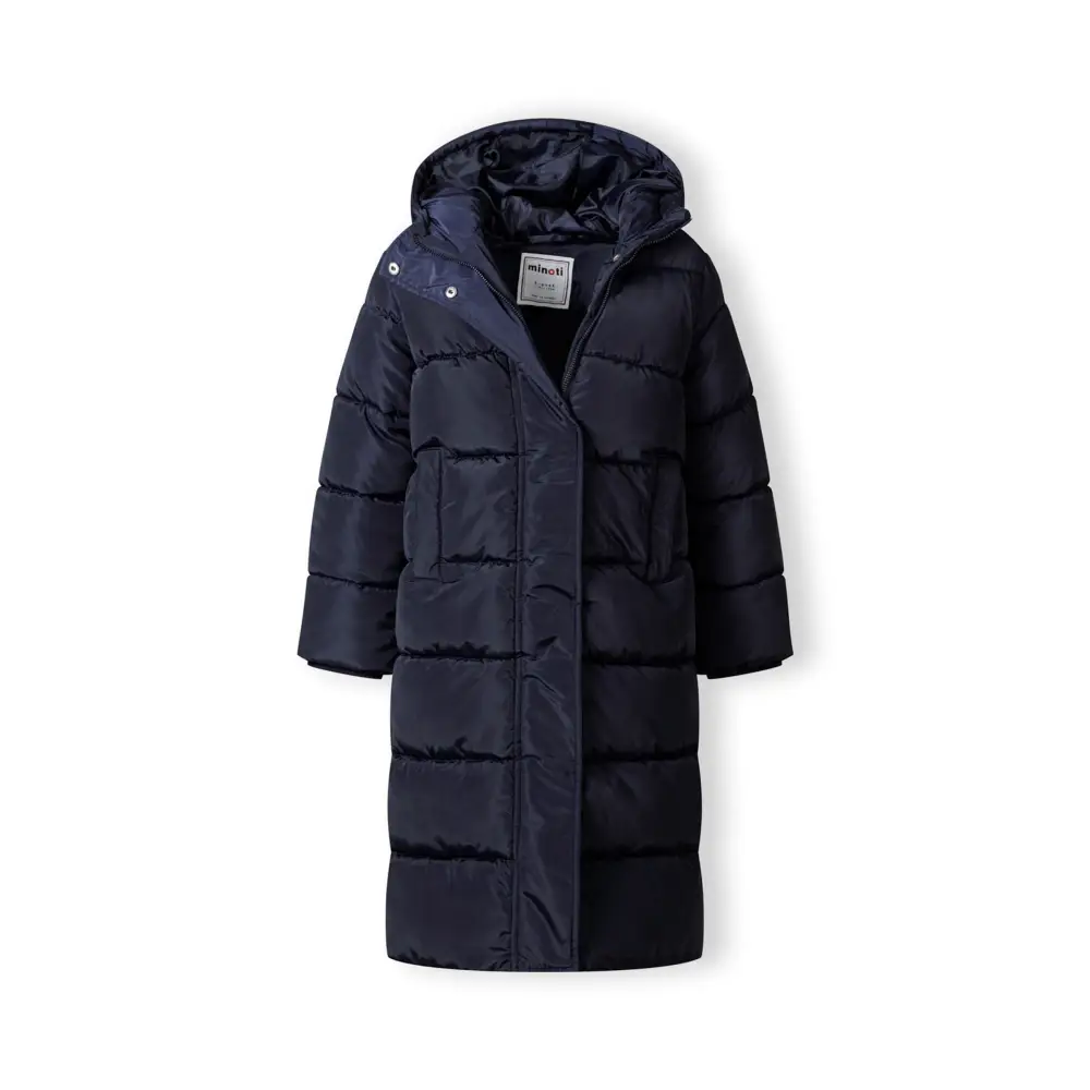 Close-up detail of navy quilted parka showing front pocket, zip closure and quilted padding texture