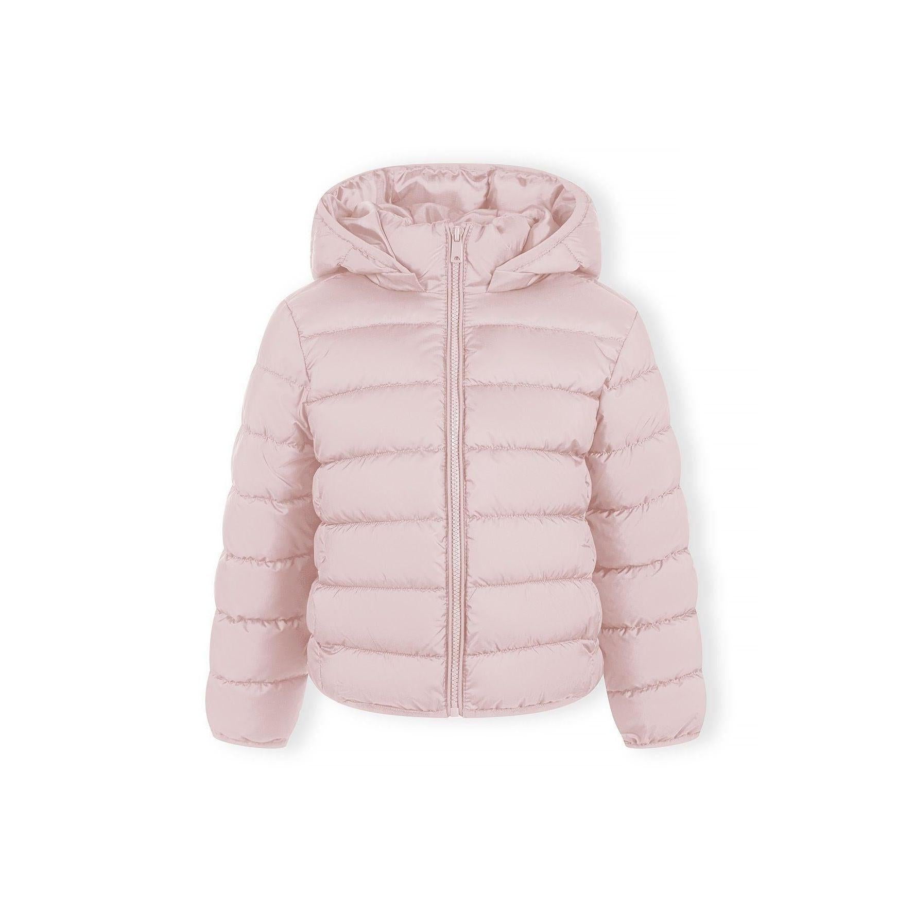 Detail view of pink quilted jacket fabric showing quilted texture, zip fastening and hood attachment