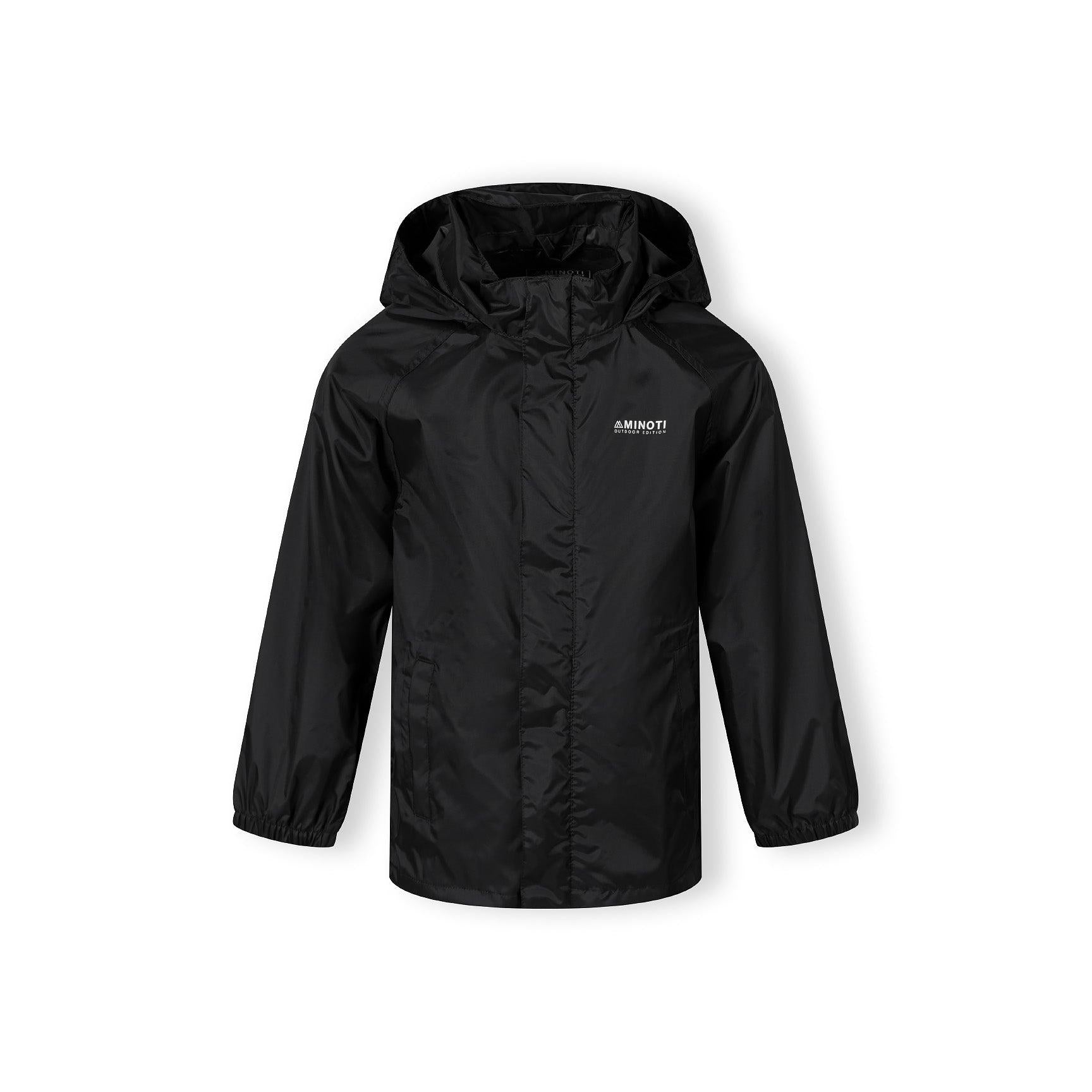 Close-up detail of black waterproof jacket showing Minoti brand label, zip closure and water-resistant fabric texture