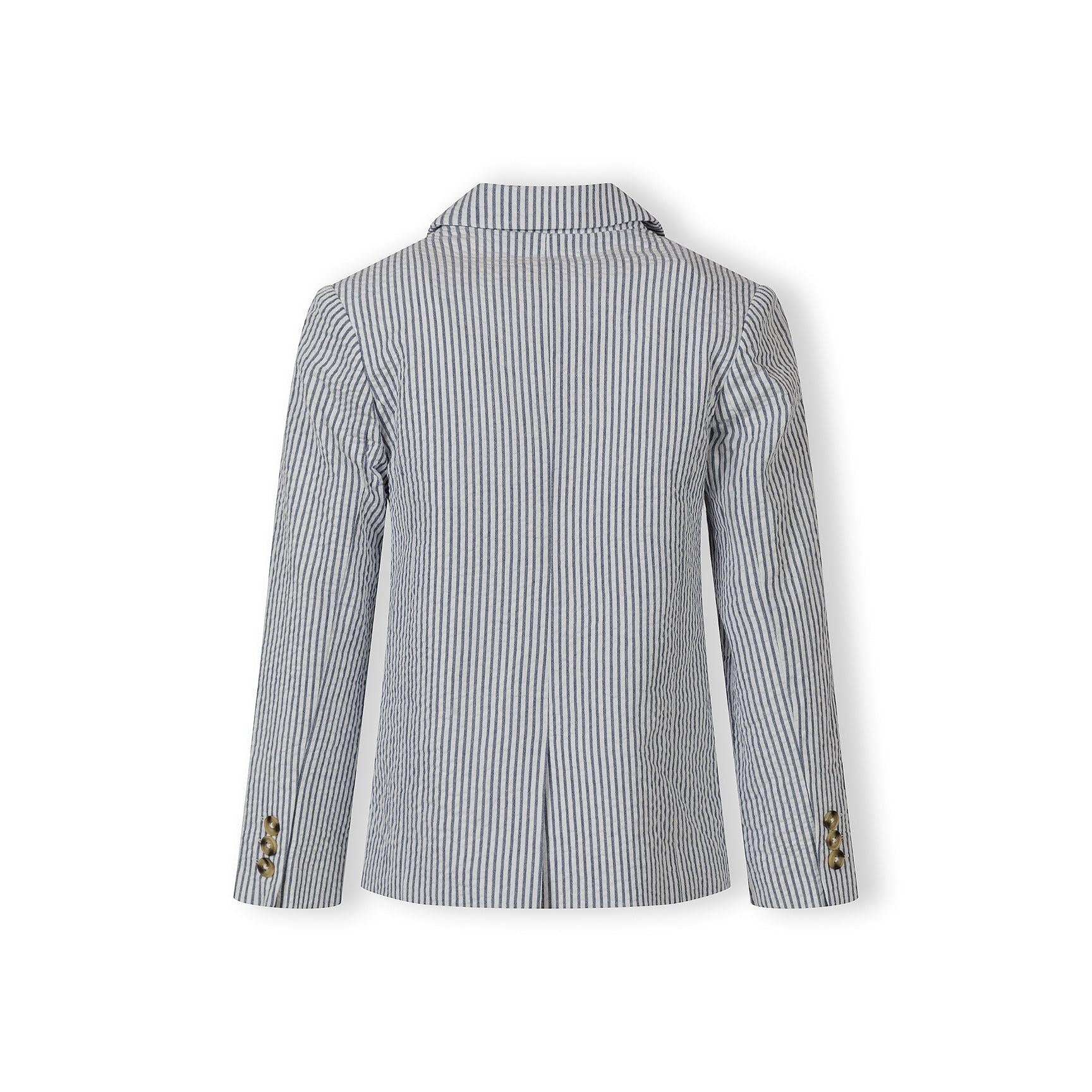 Back view of navy striped cotton blazer showing structured shoulders, lapel collar and decorative sleeve buttons on white background