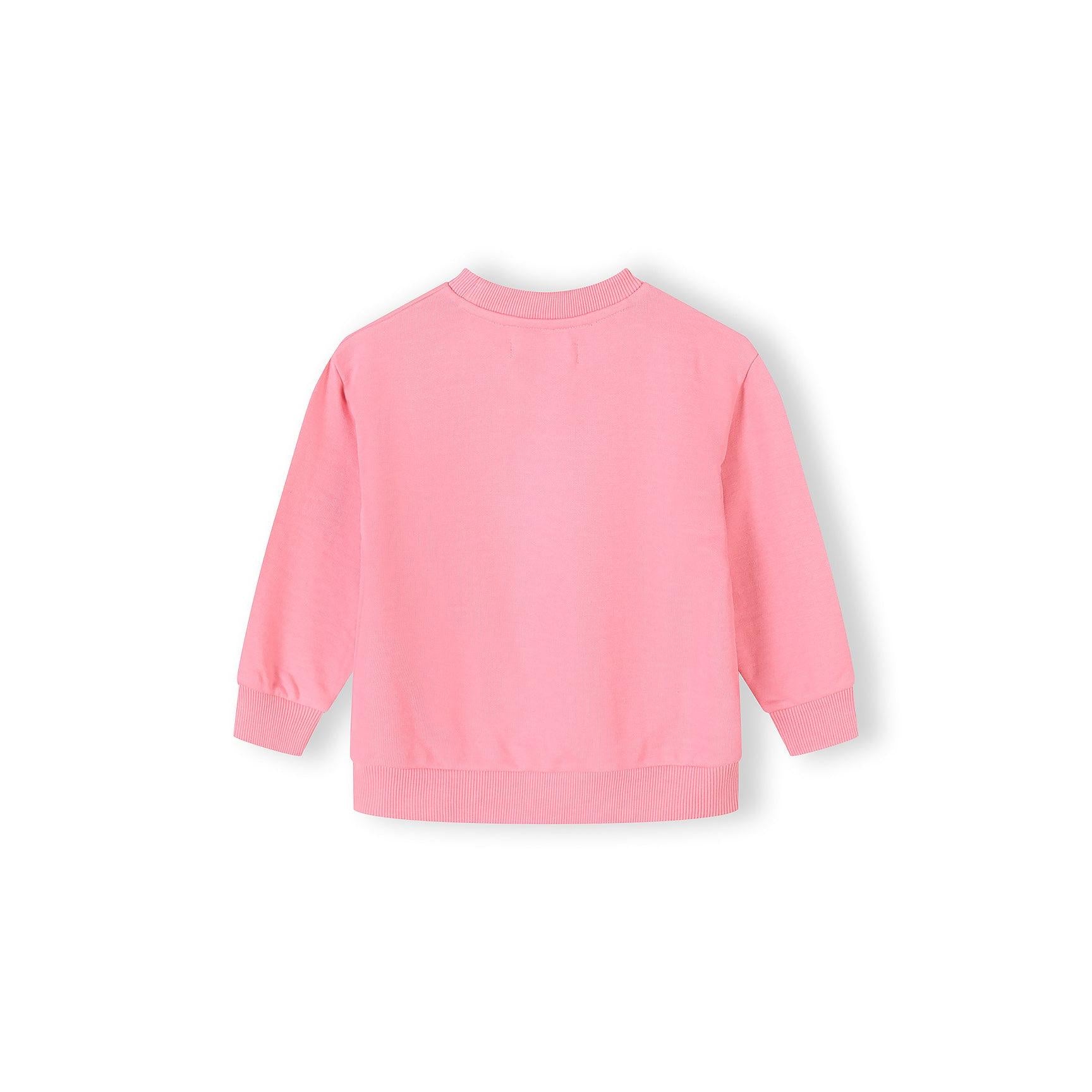 Back view of pink drop shoulder sweatshirt laid flat showing plain design with ribbed neckline, cuffs and hem against white background