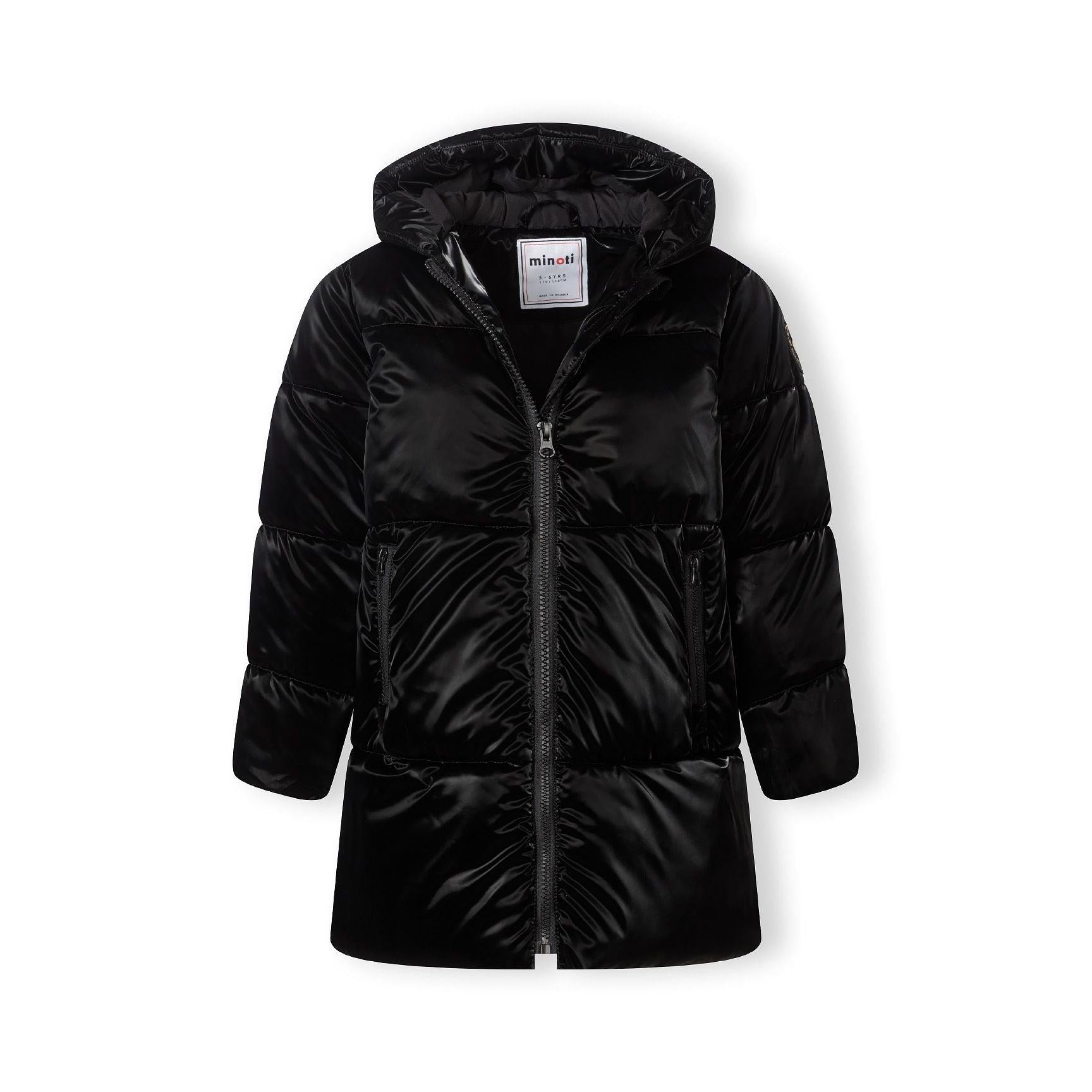Black shiny padded jacket laid flat showing front view with zip closure, hood and Minoti brand label visible at neck