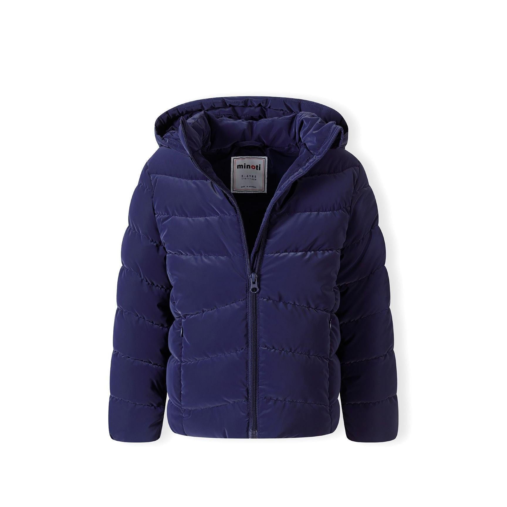 Navy padded jacket laid flat showing quilted design, full zip front, hood and Minoti label, photographed against white background