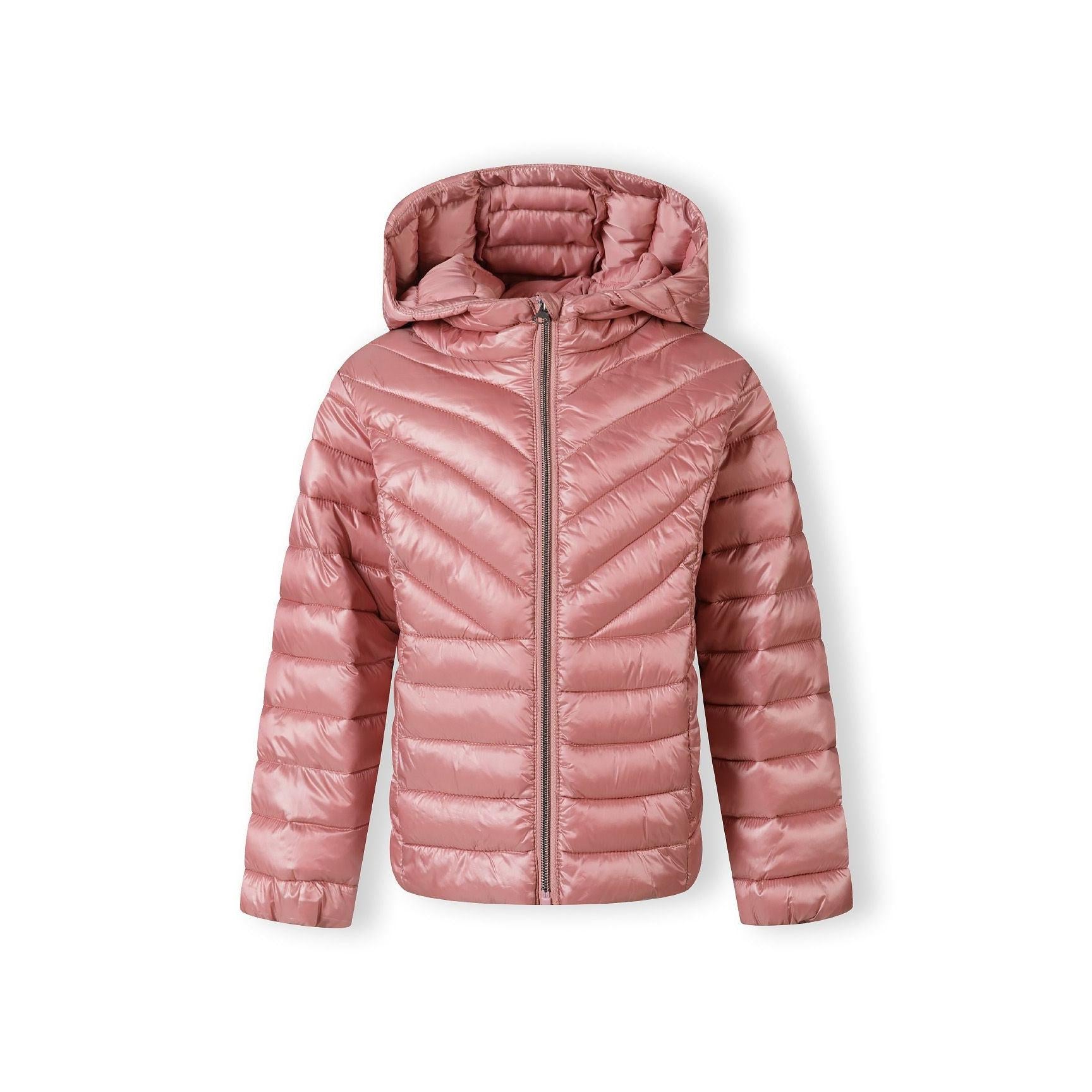 Copper quilted jacket with hood laid flat showing full front view with zip closure and Minoti brand label visible
