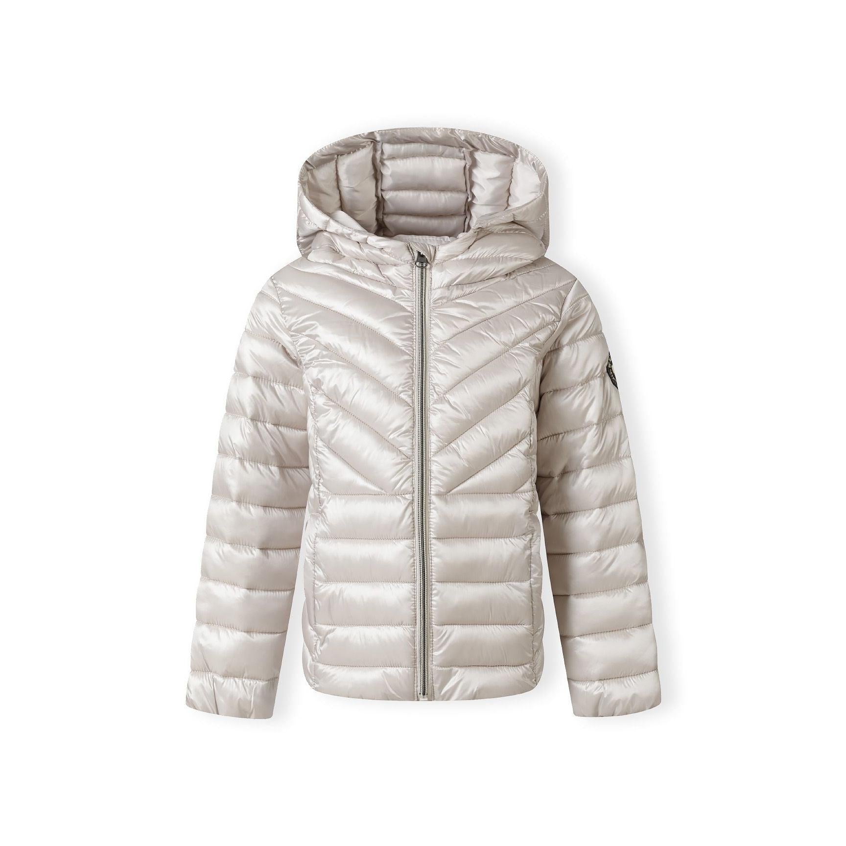 Grey quilted jacket laid flat showing full zip fastening, hood design and quilted pattern detail on white background