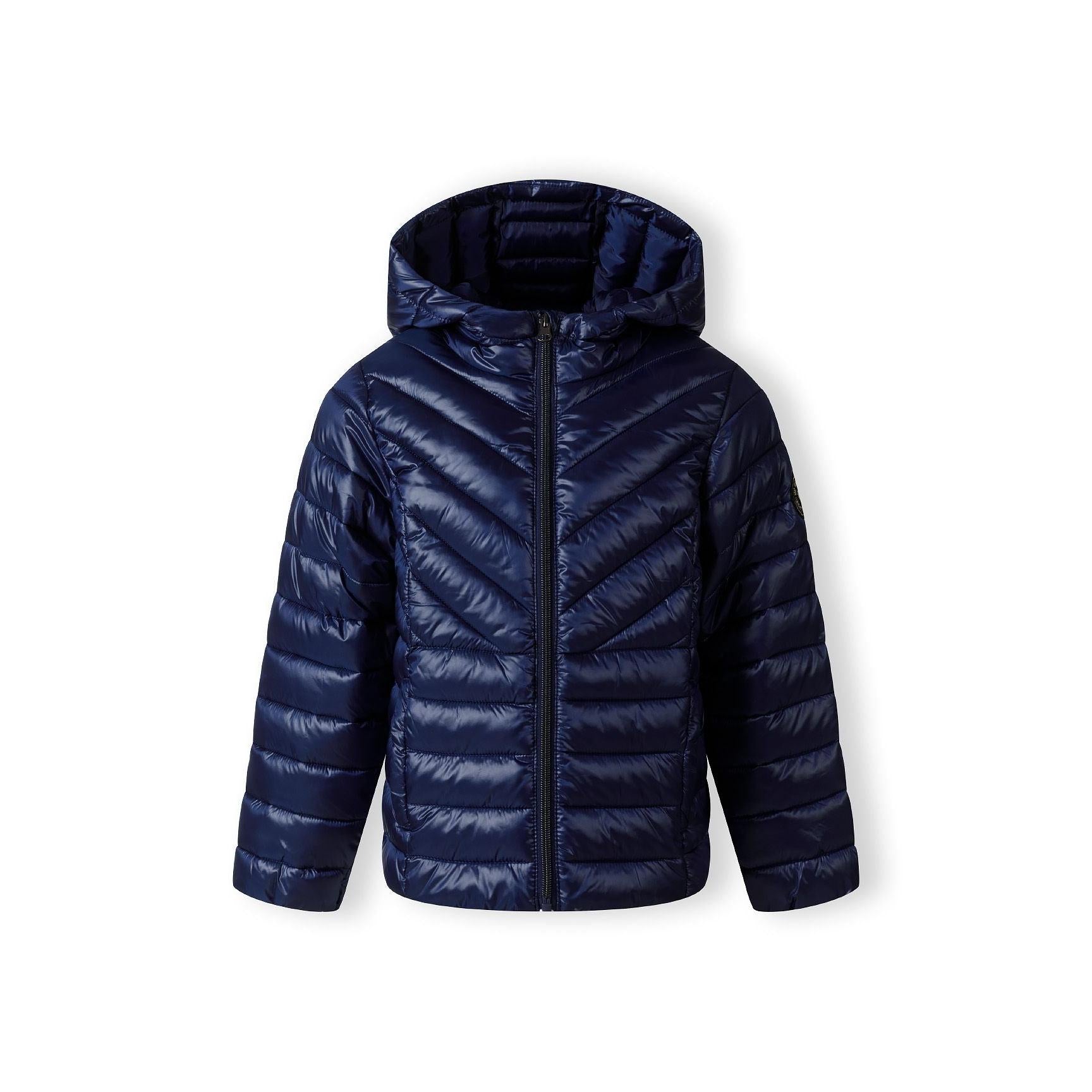 Navy quilted jacket laid flat showing hooded design, quilted pattern texture and Minoti brand label on white background