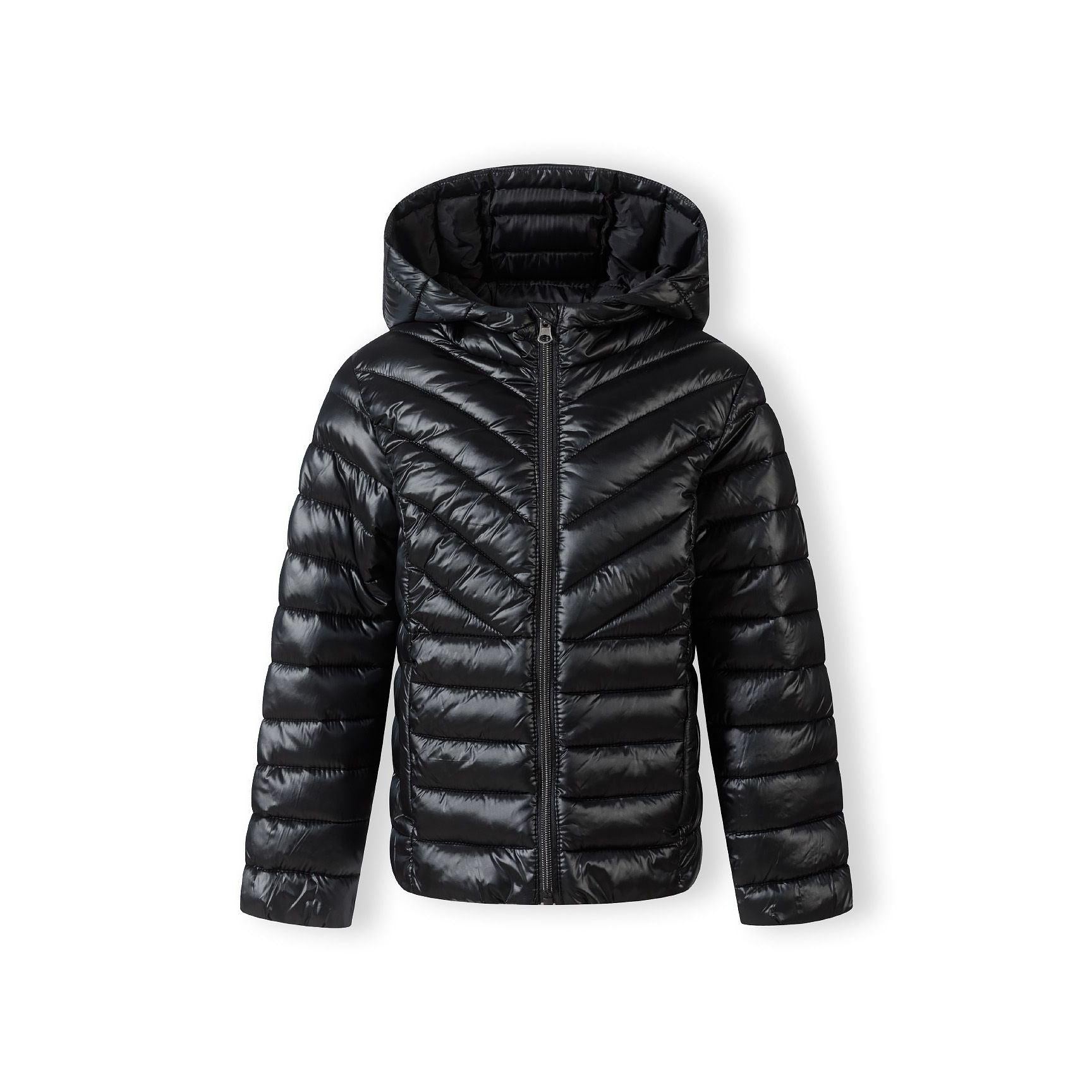 Black quilted hooded jacket displayed flat against white background showing front view with zip closure and Minoti label visible inside collar