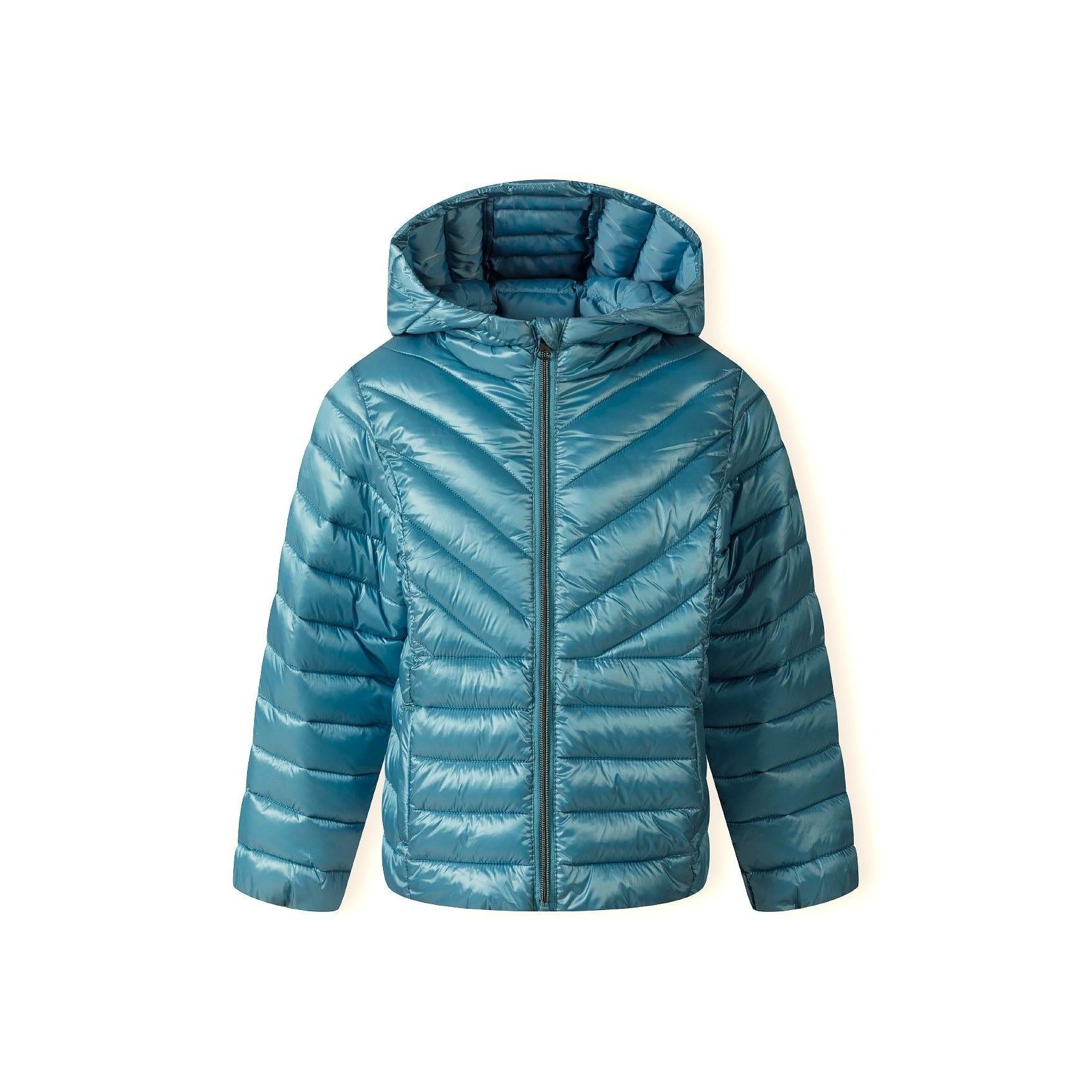 Turquoise quilted hooded jacket laid flat showing full zip closure and quilted pattern