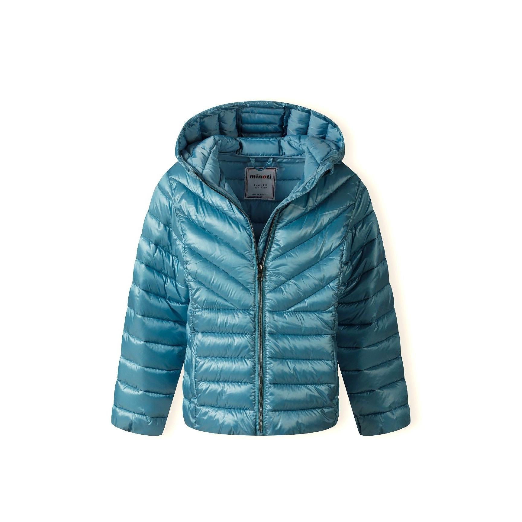 Turquoise quilted hooded jacket laid flat showing full zip closure and quilted pattern