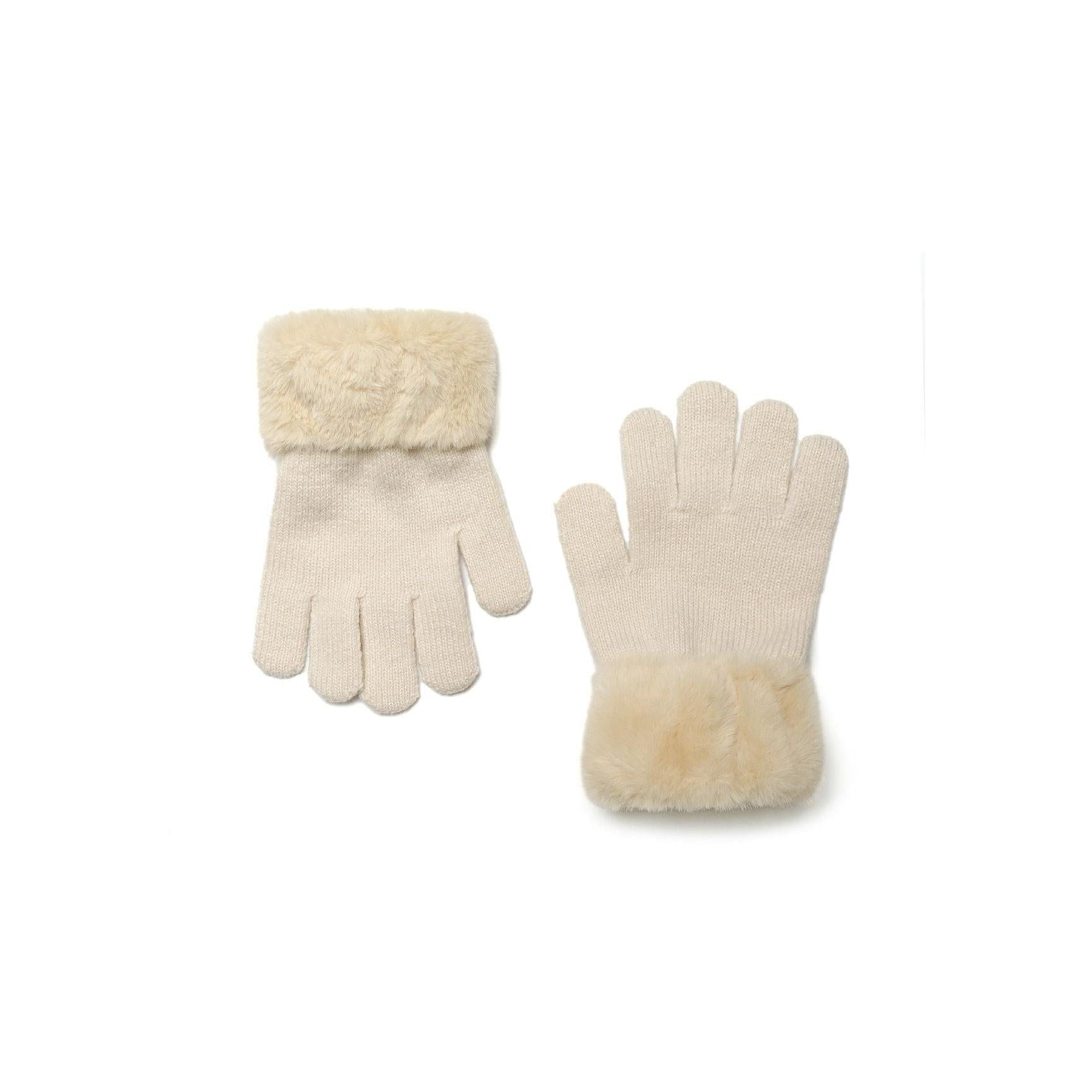 Pair of creamy beige knitted gloves with faux fur cuffs displayed on white background showing both palm and back views