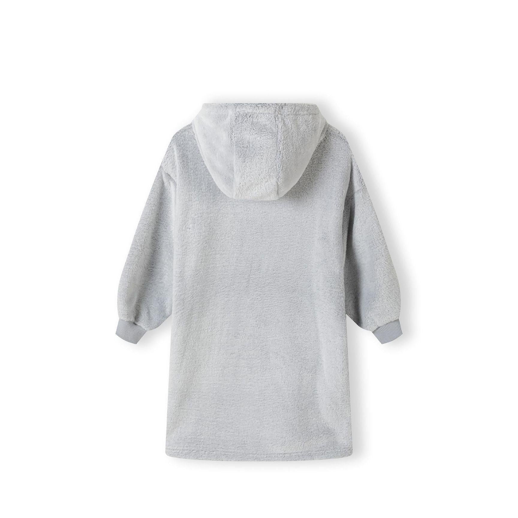 Back view of grey teddy fleece hoodie dress showing hood detail and overall silhouette on white background