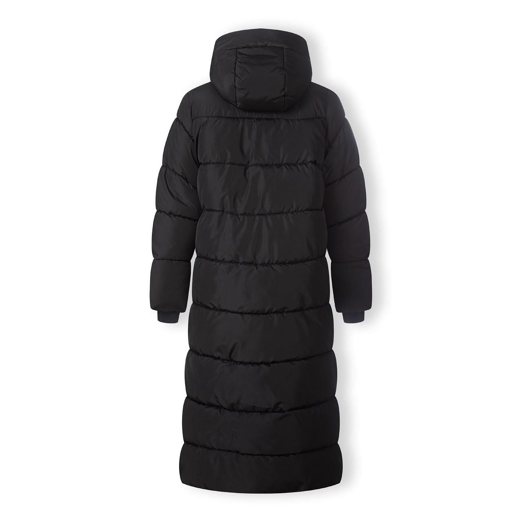Back view of black quilted parka coat showing full-length design, horizontal quilting pattern and hood detail on white background