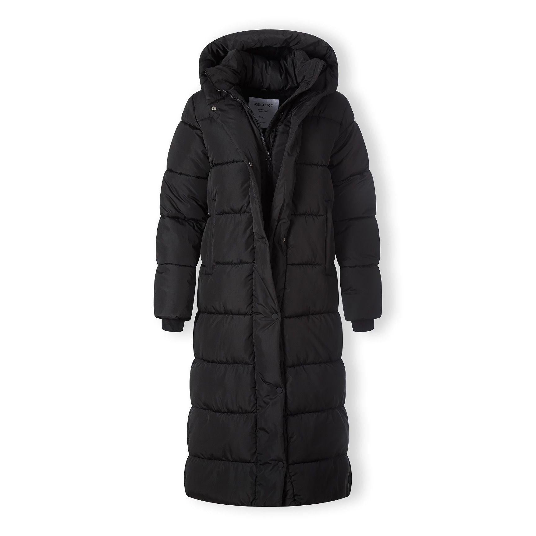 Close-up detail of black quilted parka showing zip pocket construction and padded fabric texture