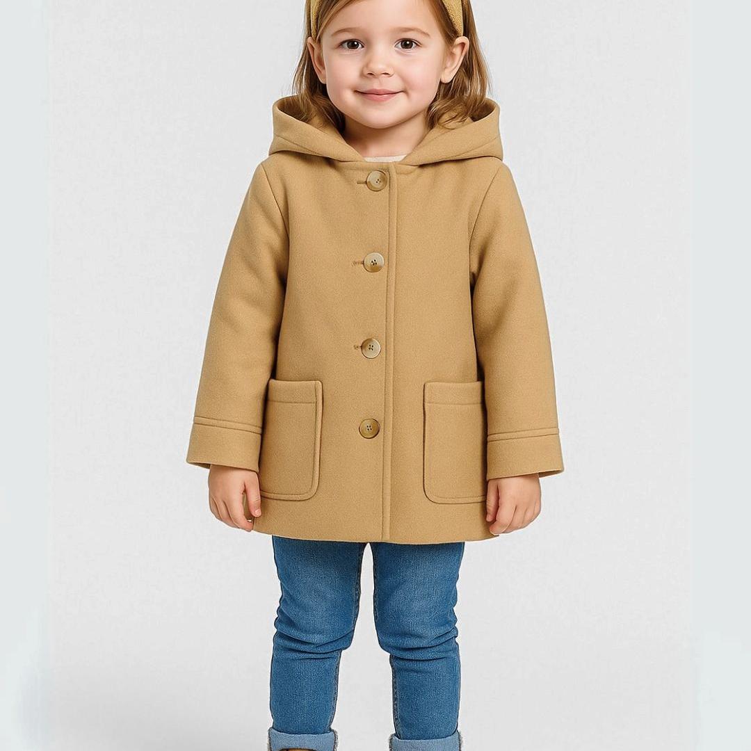 Young girl wearing beige hooded winter coat with button fastening and blue jeans, standing against white background