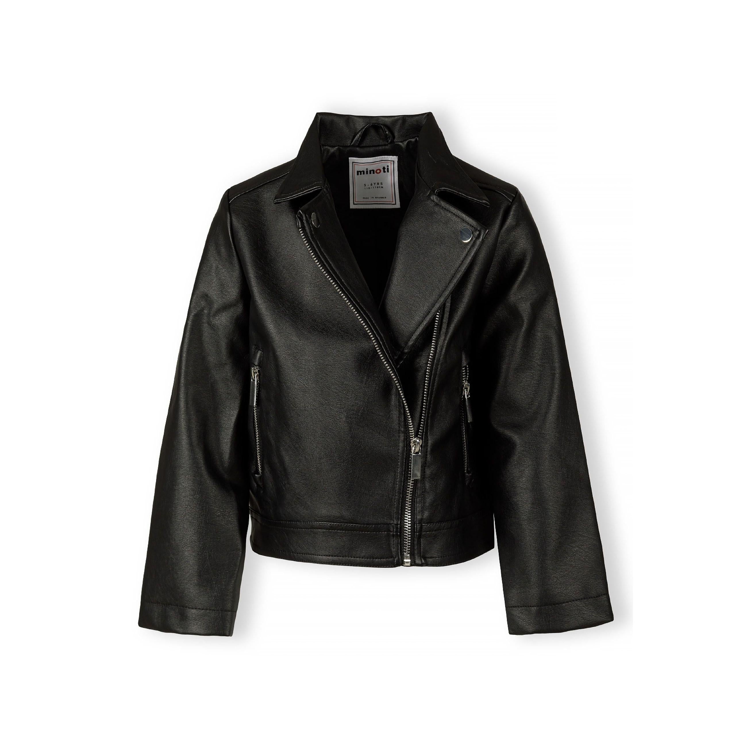 Close-up detail of silver zipper on black faux leather biker jacket showing metallic hardware and leather texture