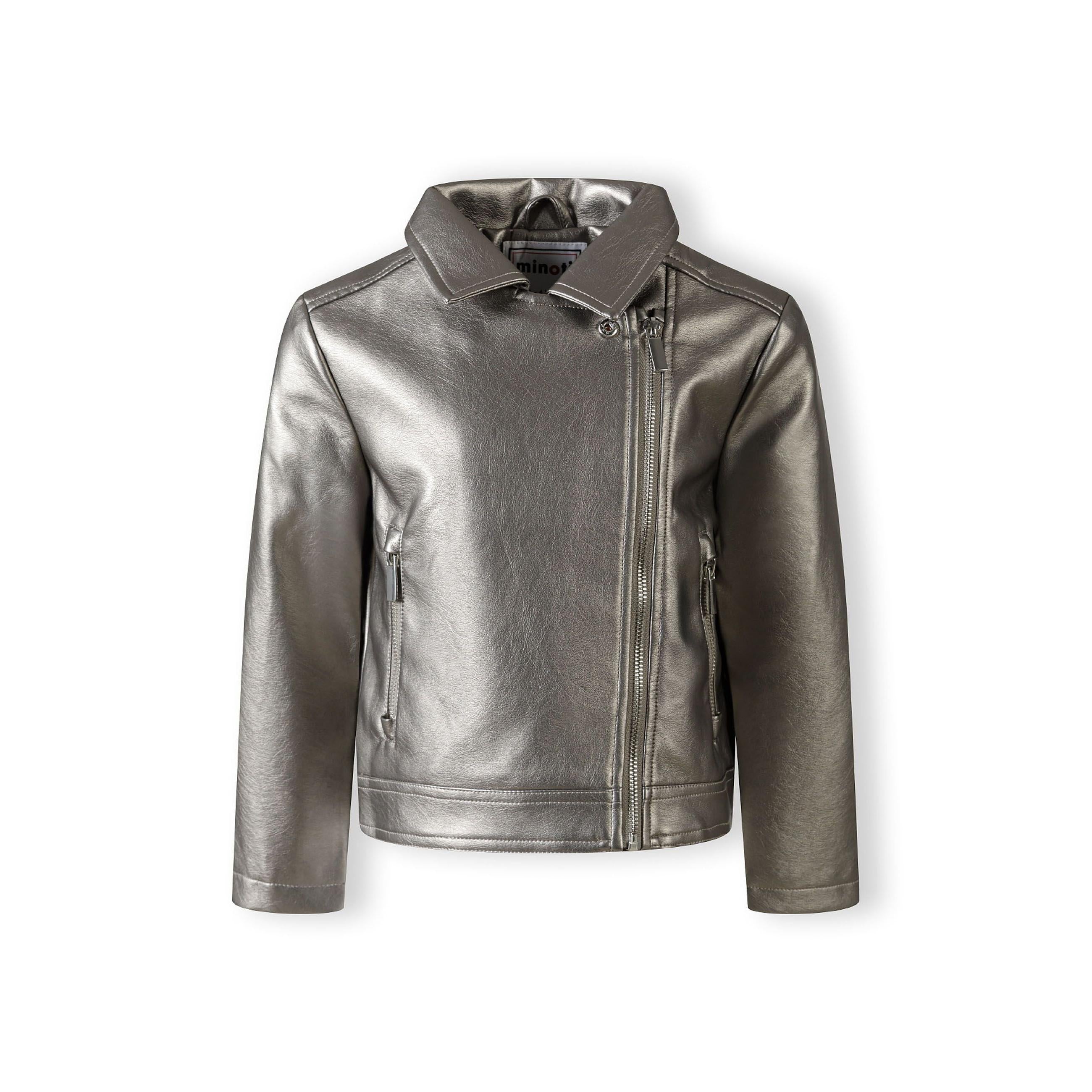 Back view of silver metallic biker jacket showing smooth faux leather finish and classic moto silhouette on white background