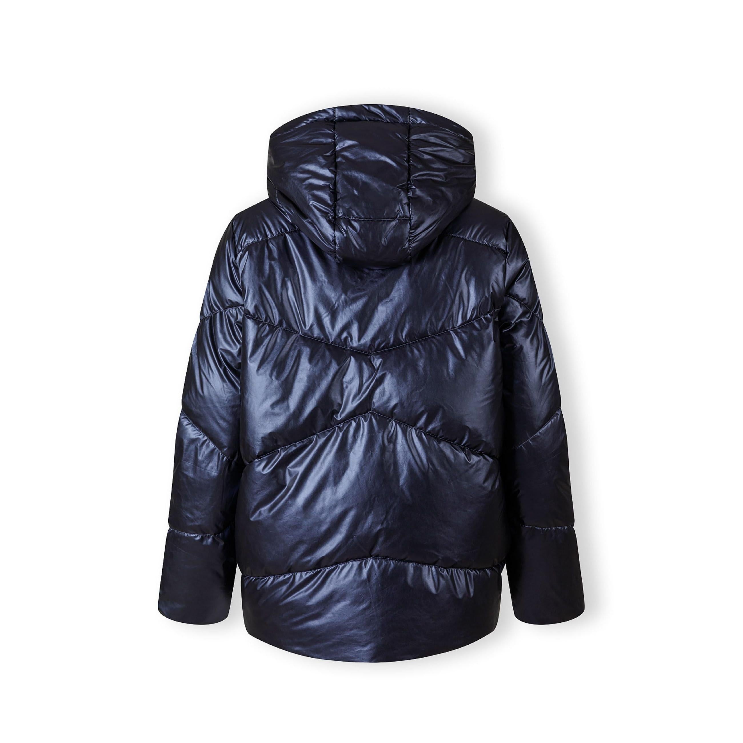 Back view of navy quilted puffer jacket showing hood construction and padded panel design on white background