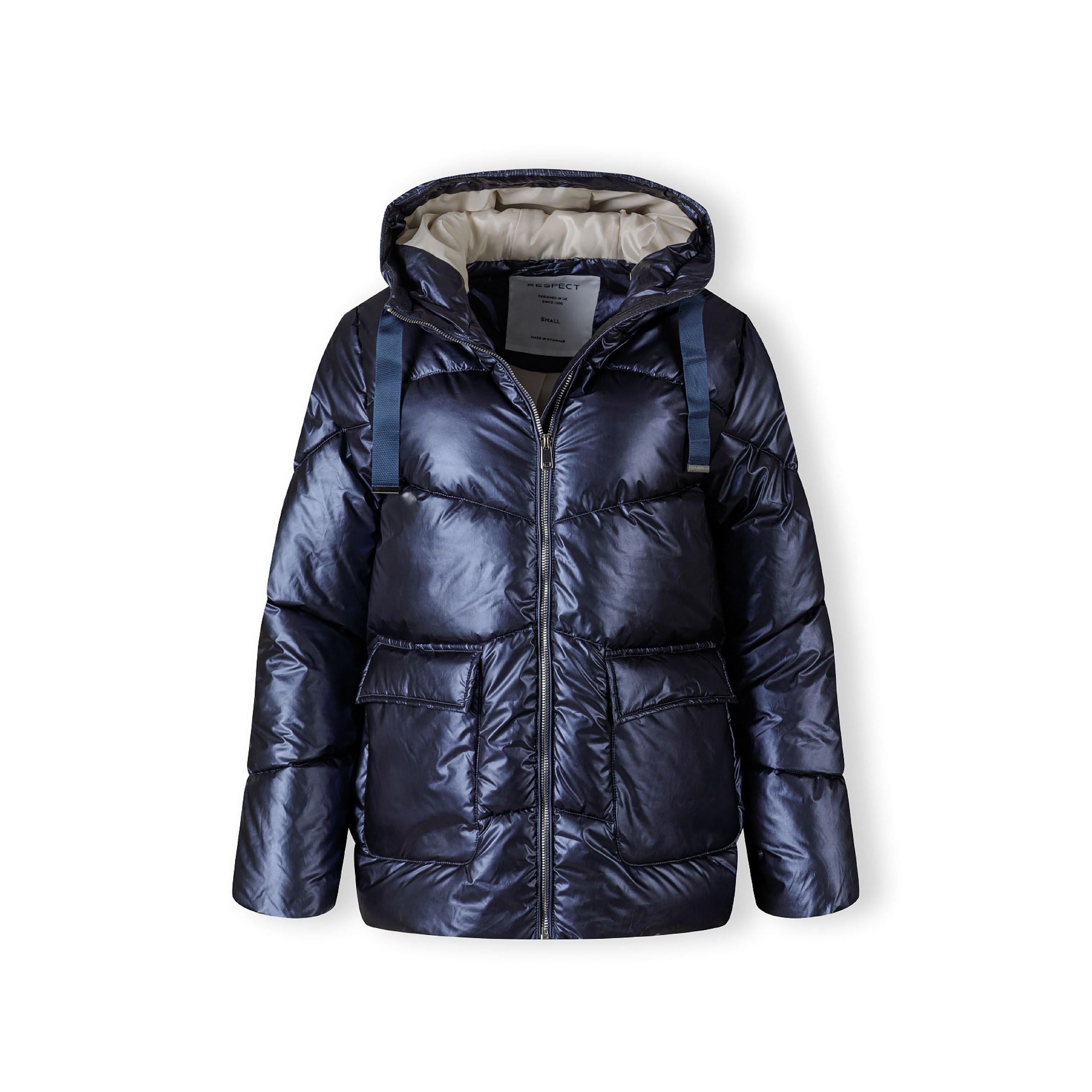 Close-up detail of navy quilted puffer jacket showing padded panels, stitching construction and fabric texture
