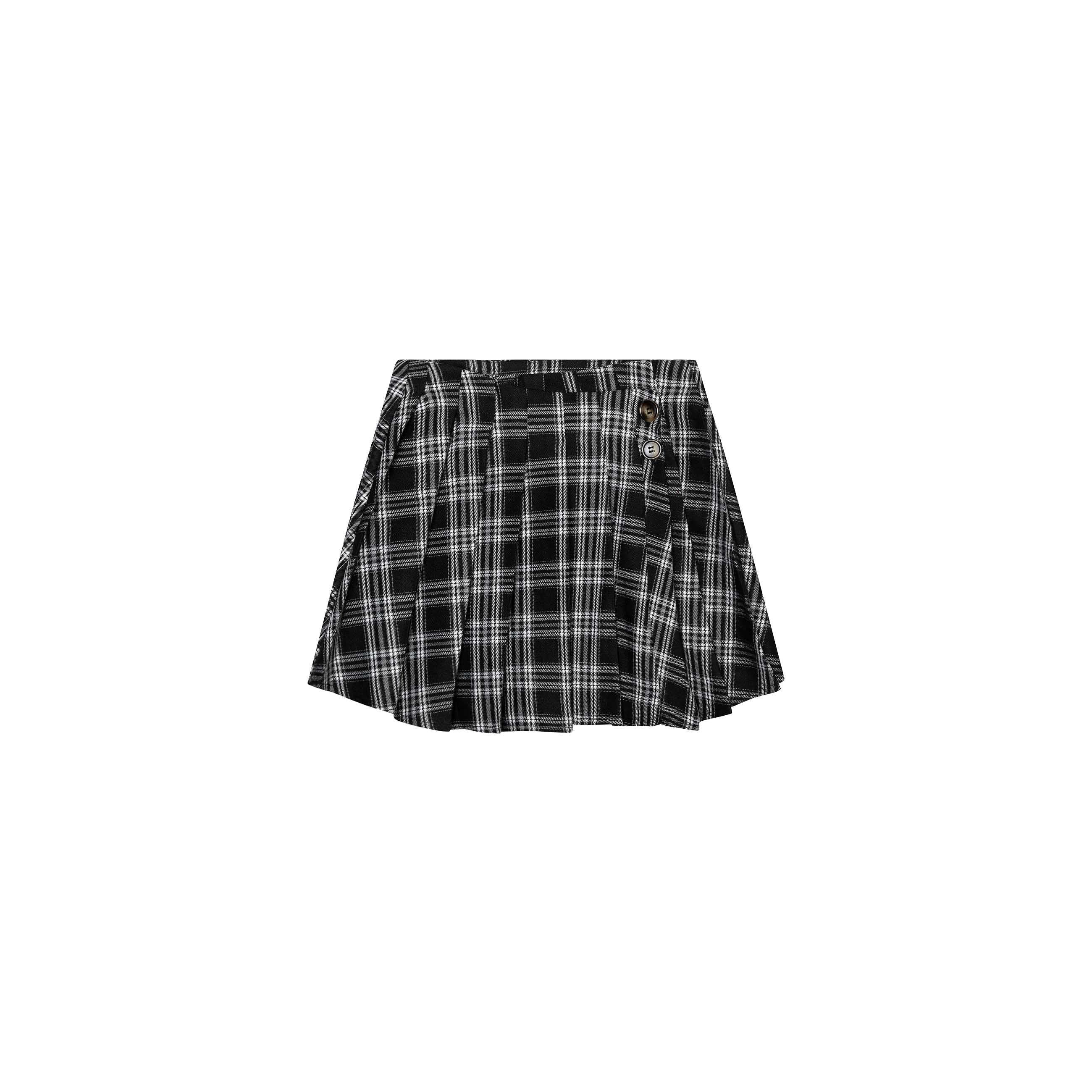 Black and white checked pleated skirt shown from front angle on white background, featuring overlapped front design with button fastenings