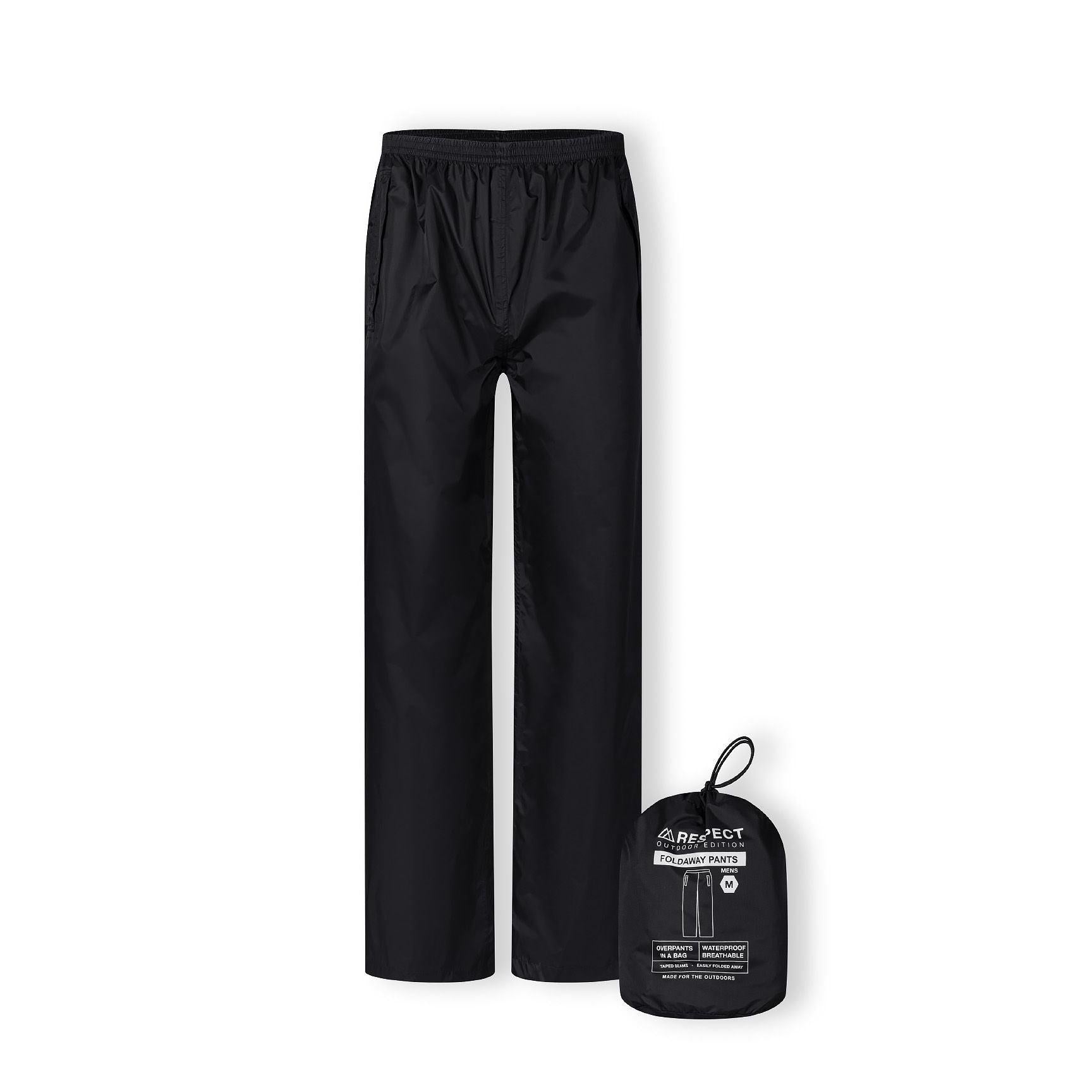 Black waterproof overpants laid flat on white background showing full length with elastic waistband and straight leg design