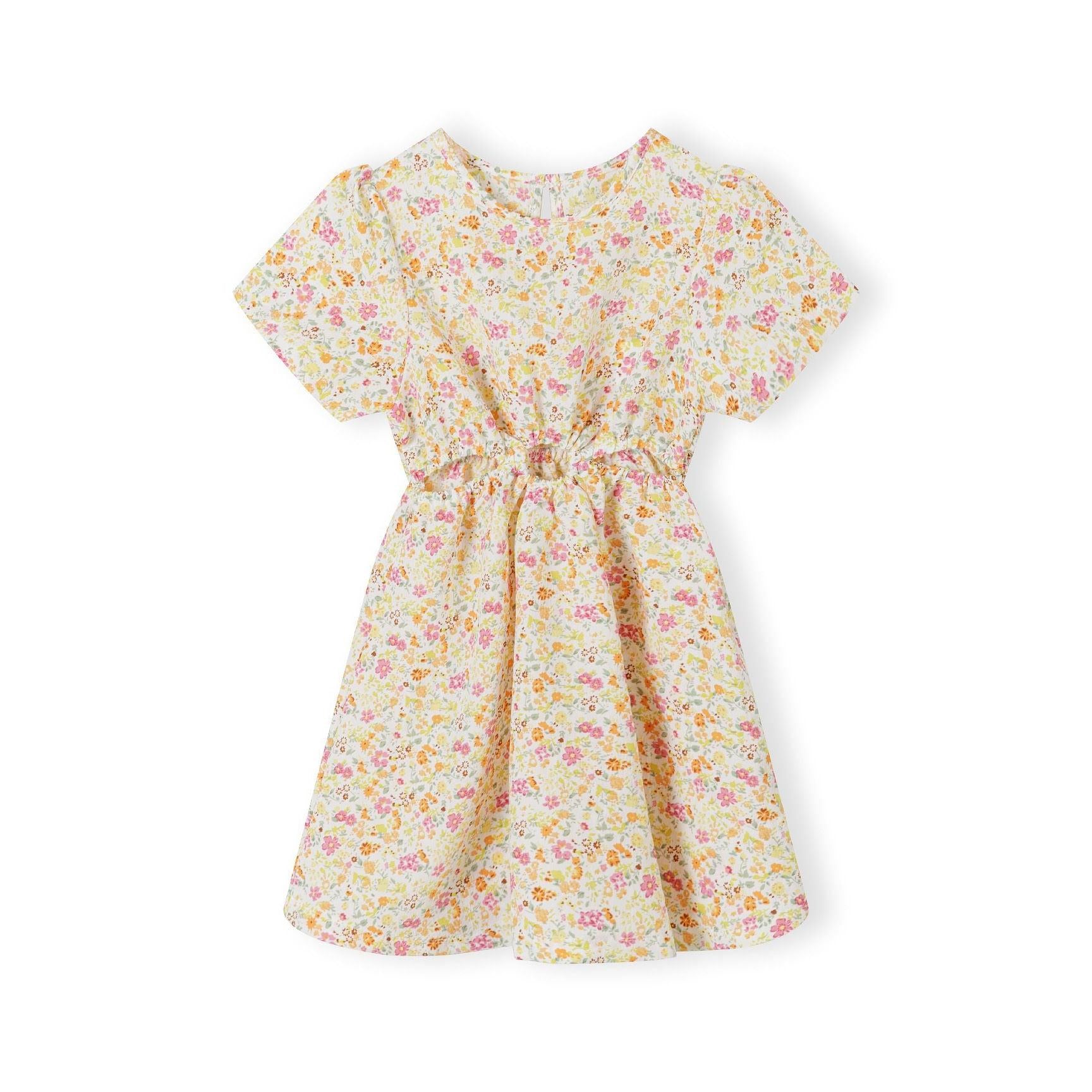 Back view of yellow floral crinkle dress laid flat showing button closure detail and full skirt silhouette with ruffle sleeves