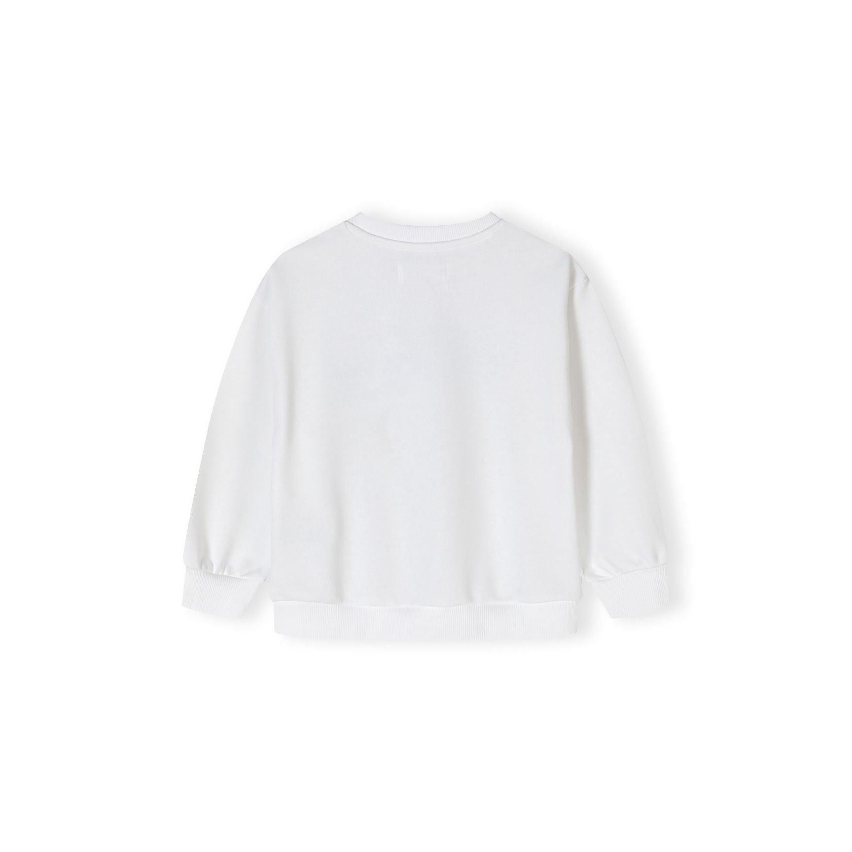 Back view of white fleece sweatshirt showing plain design without prints on white background