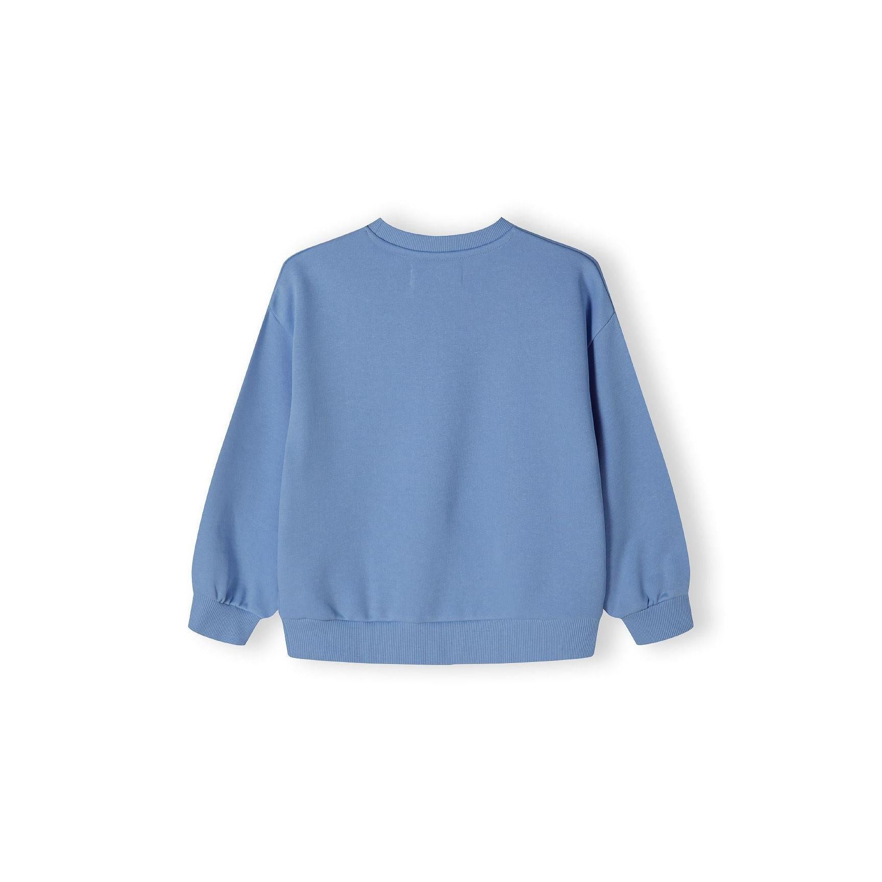 Back view of blue fleece sweatshirt showing plain design with ribbed crew neck collar and cuffs on white background