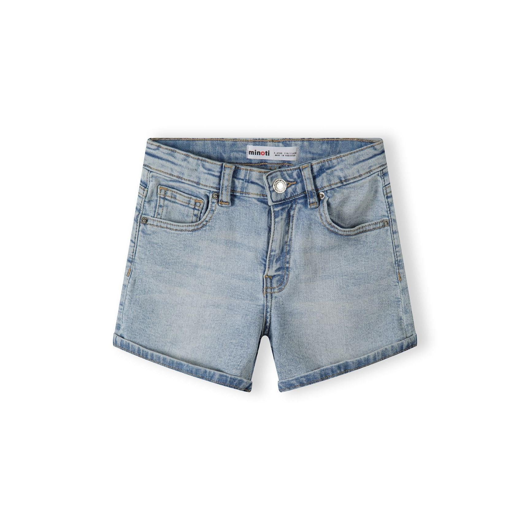 Back view of light blue denim shorts showing classic five-pocket styling and rolled hem cuffs on white background