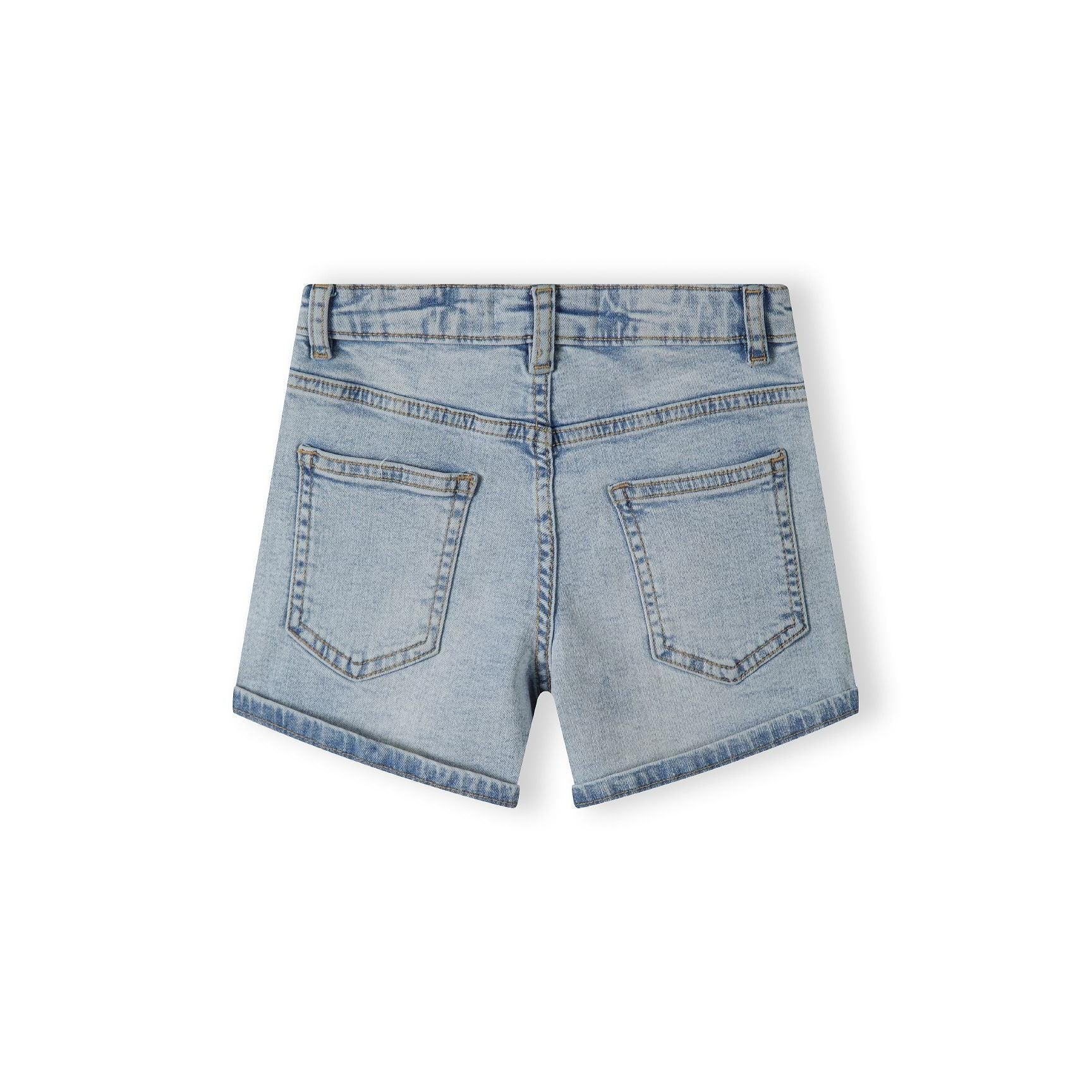 Back view of light blue denim shorts showing classic five-pocket styling and rolled hem cuffs on white background