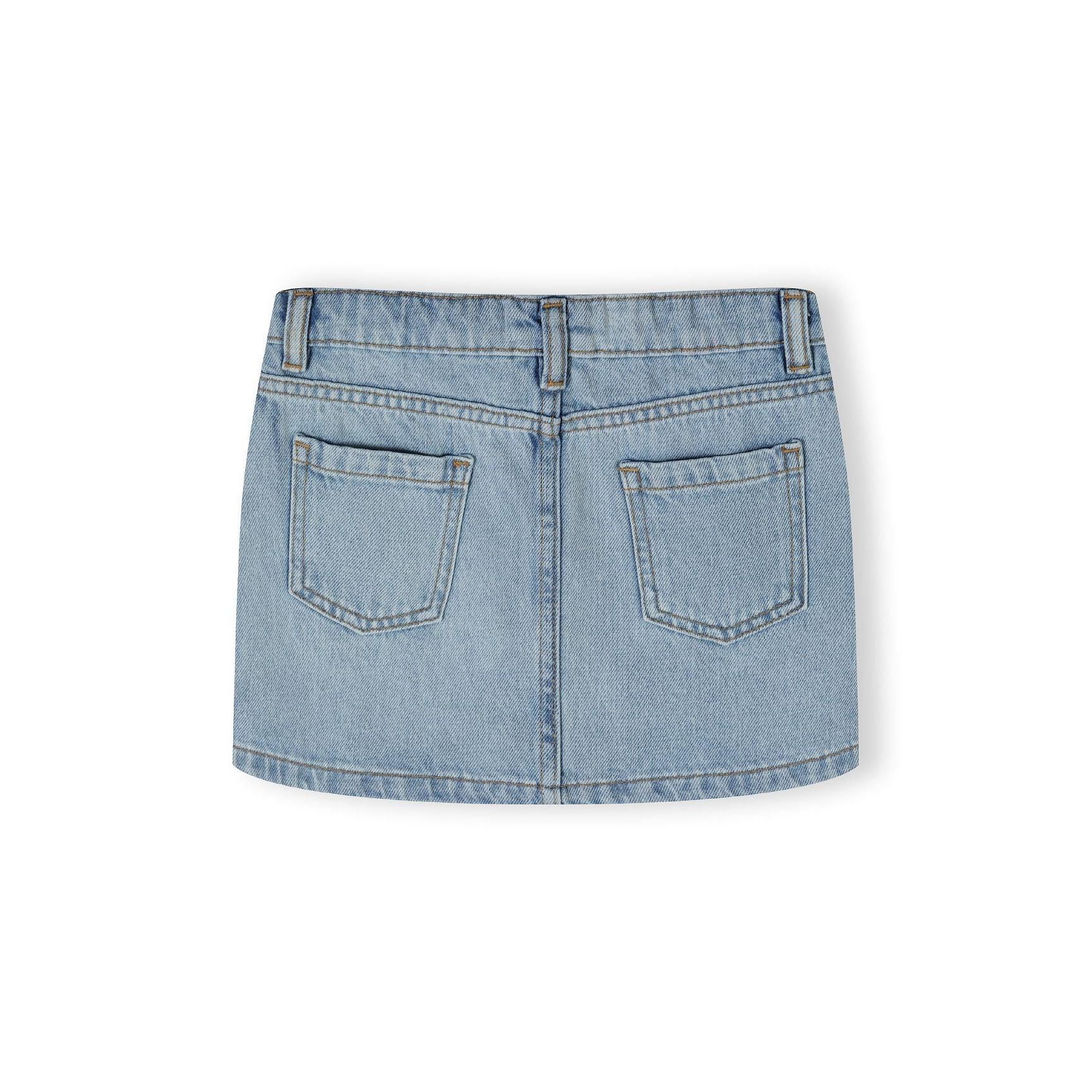 Back view of light blue denim skirt showing two patch pockets, contrast stitching and classic five-pocket styling on white background