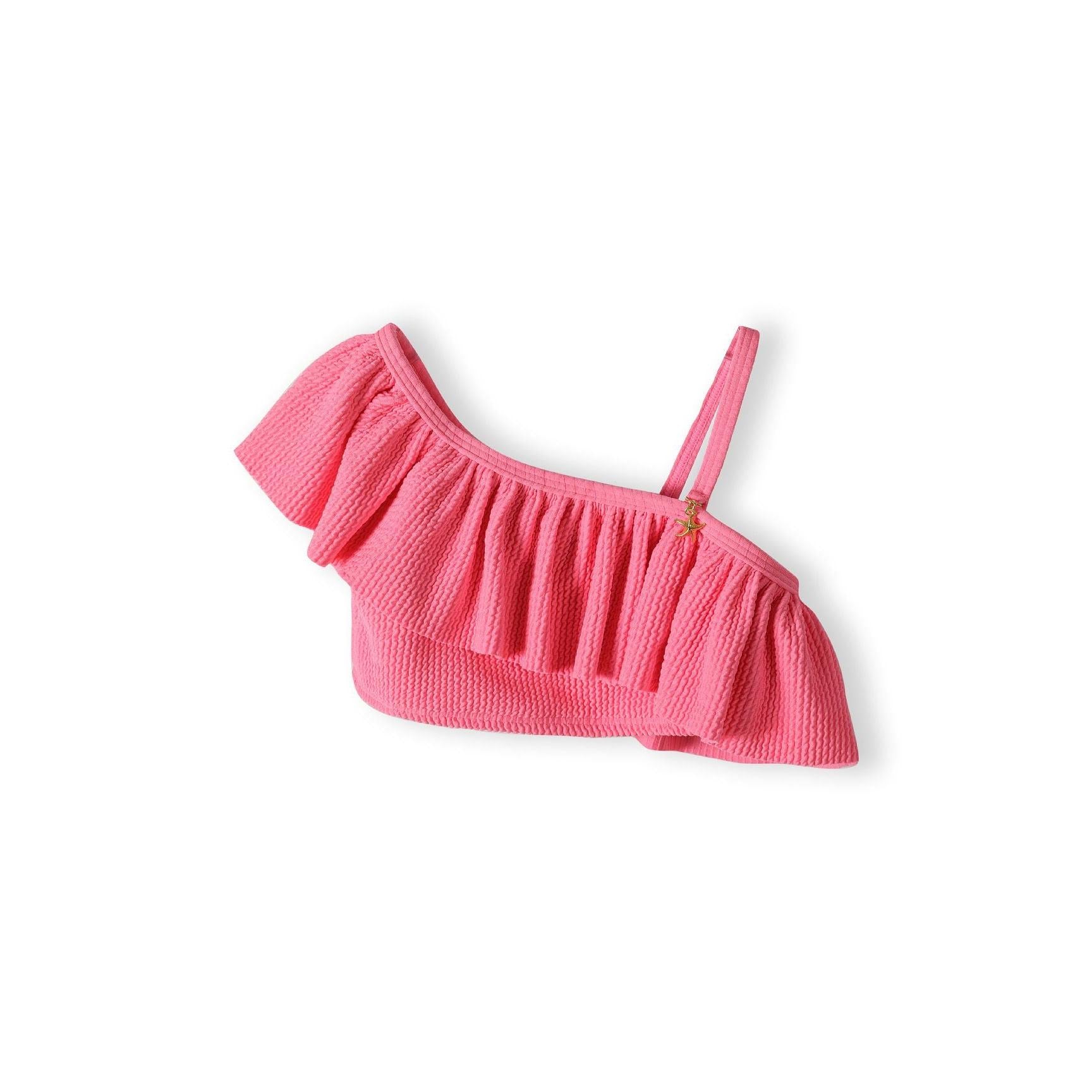 Pink ruffled bikini bottom showing full ruffle detail across waistband on white background
