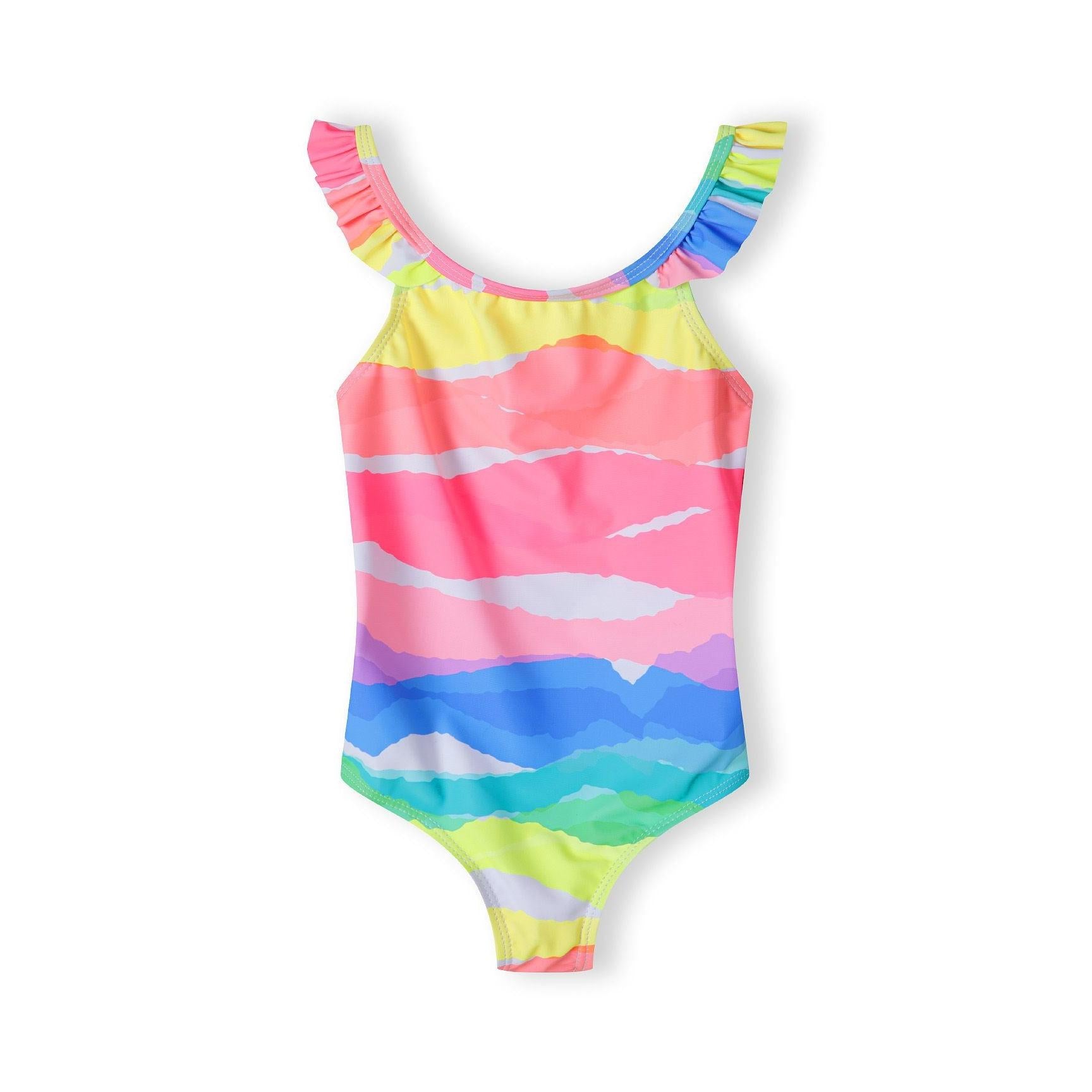 Close-up detail of pink swimsuit showing 'Bonjour Summer' text in white script and colorful metallic foil letters