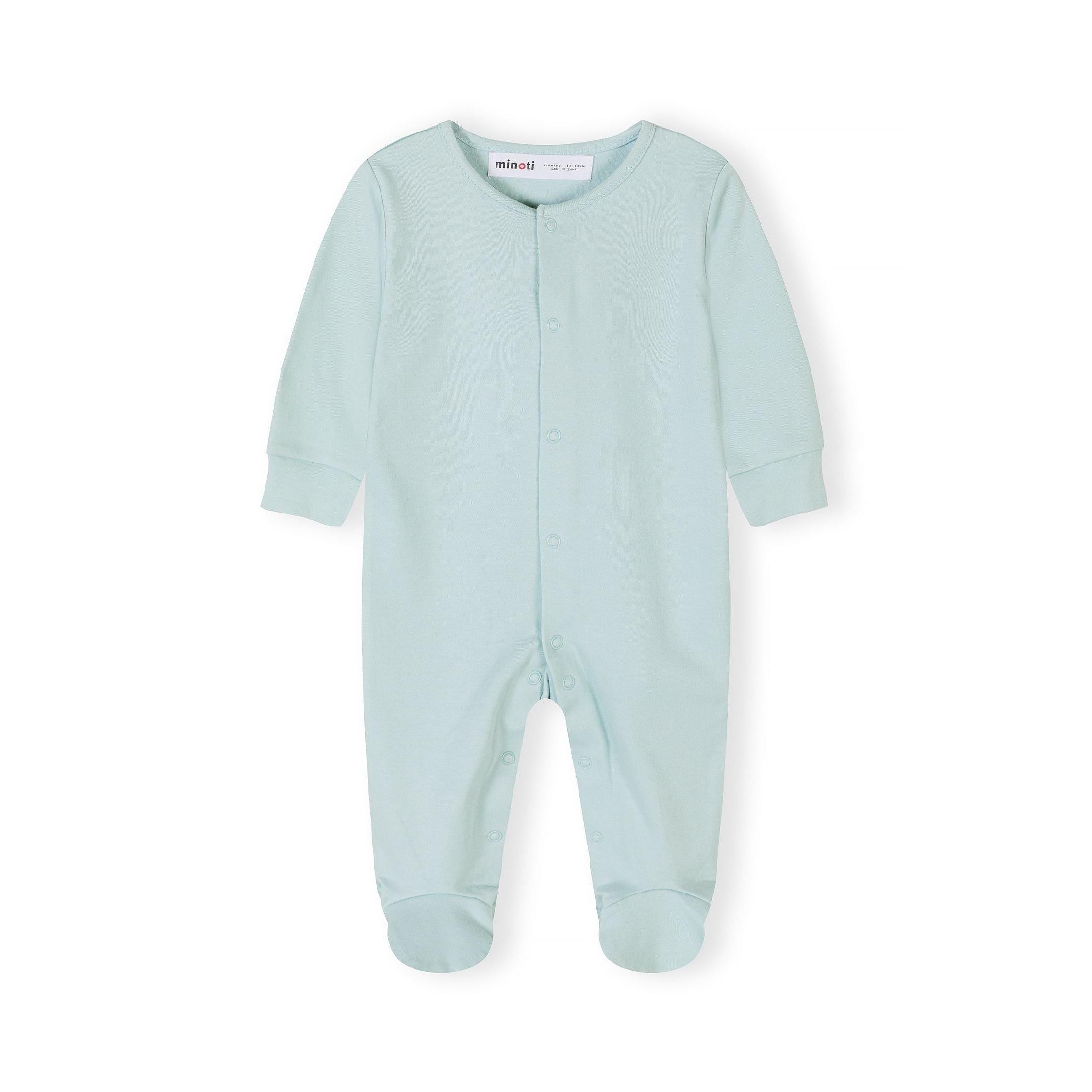 Single mint green baby sleepsuit displayed flat showing full length design with snap button front closure and integrated feet